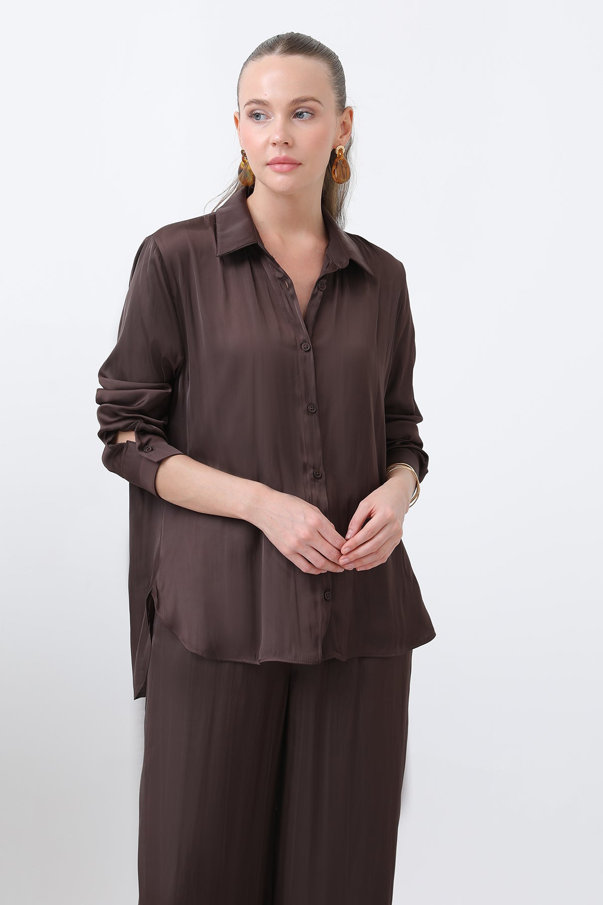 Kadın Saten Gömlek - 32258GML BROWN