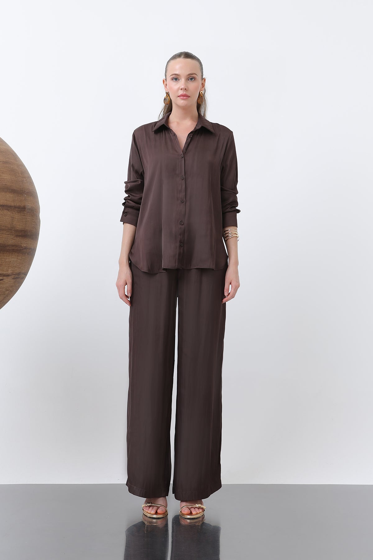 Kadın Saten Gömlek - 32258GML BROWN