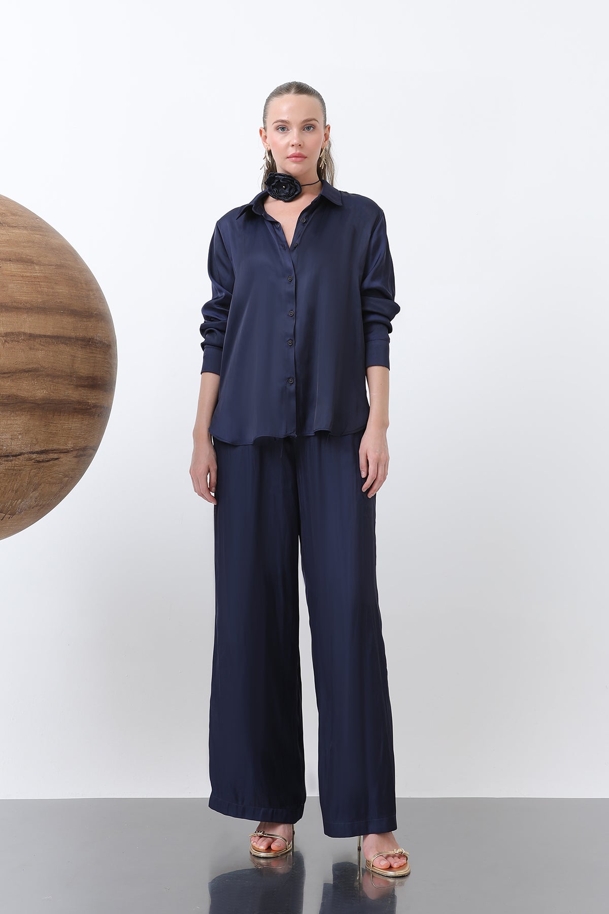 Kadın Saten Gömlek - 32258GML NAVY