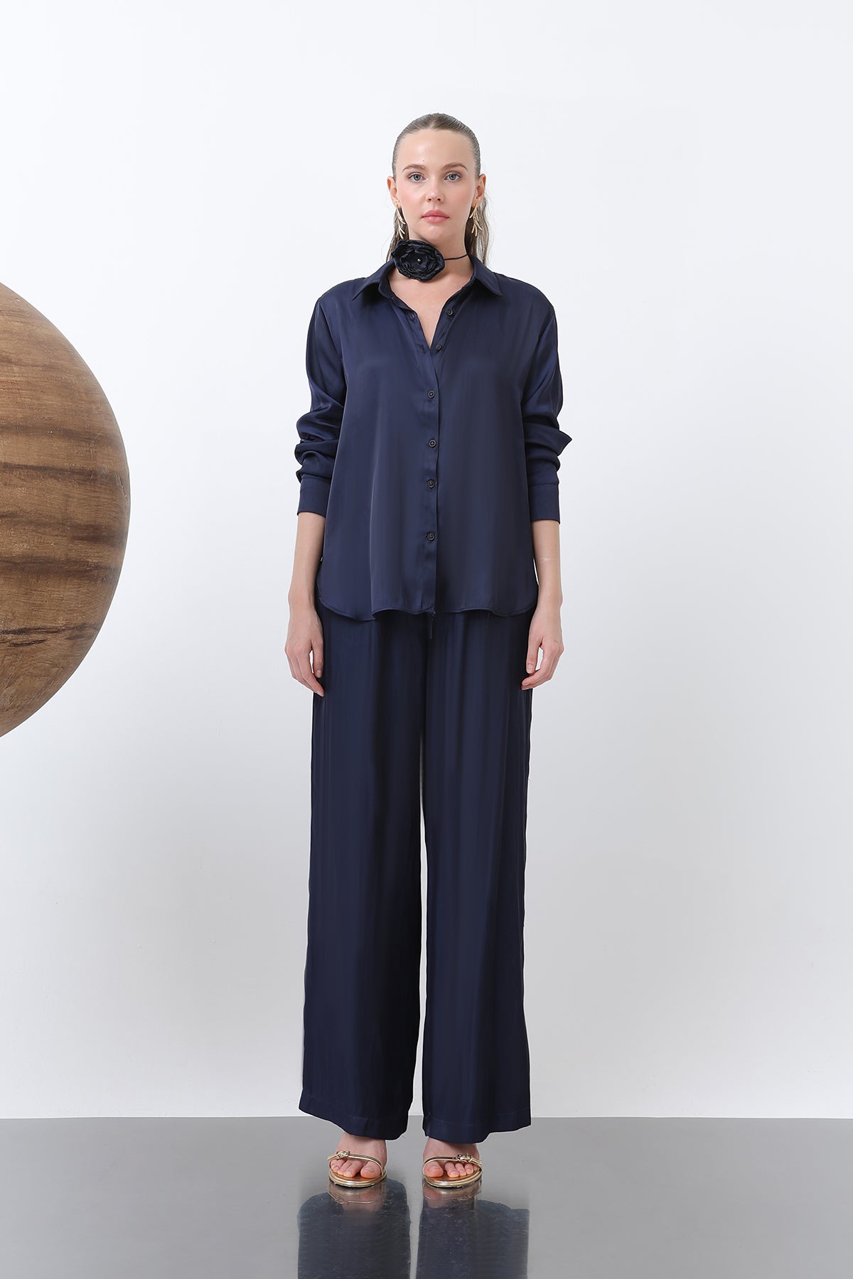 Kadın Saten Gömlek - 32258GML NAVY