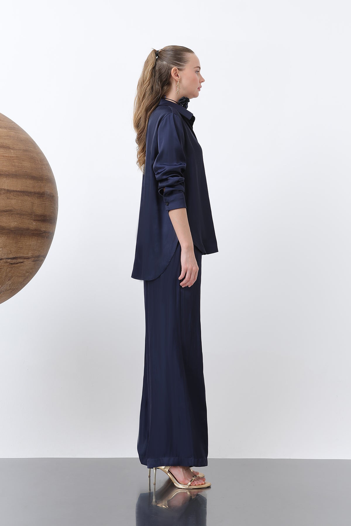 Kadın Saten Gömlek - 32258GML NAVY