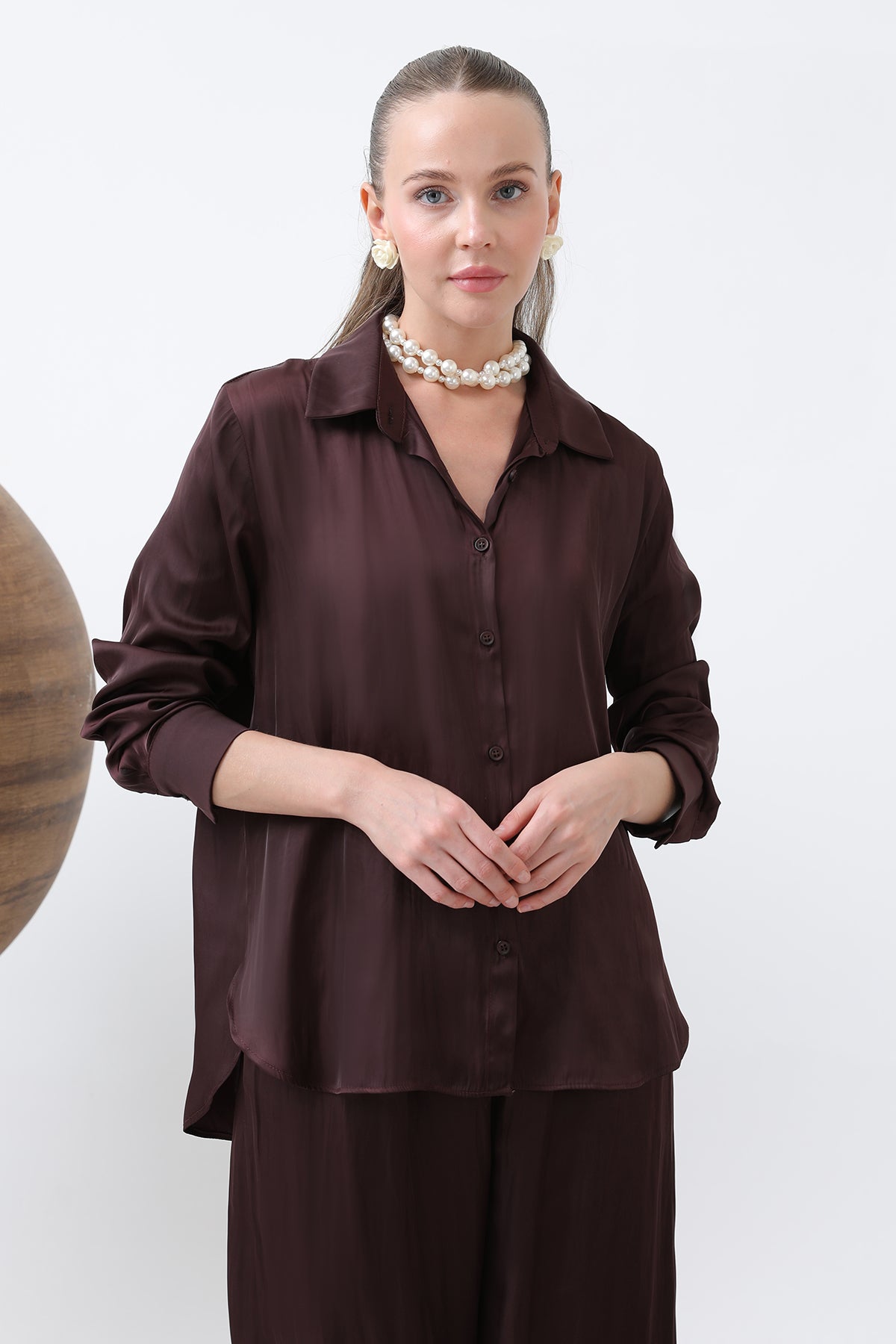 Kadın Saten Gömlek - 32258GML BURGUNDY