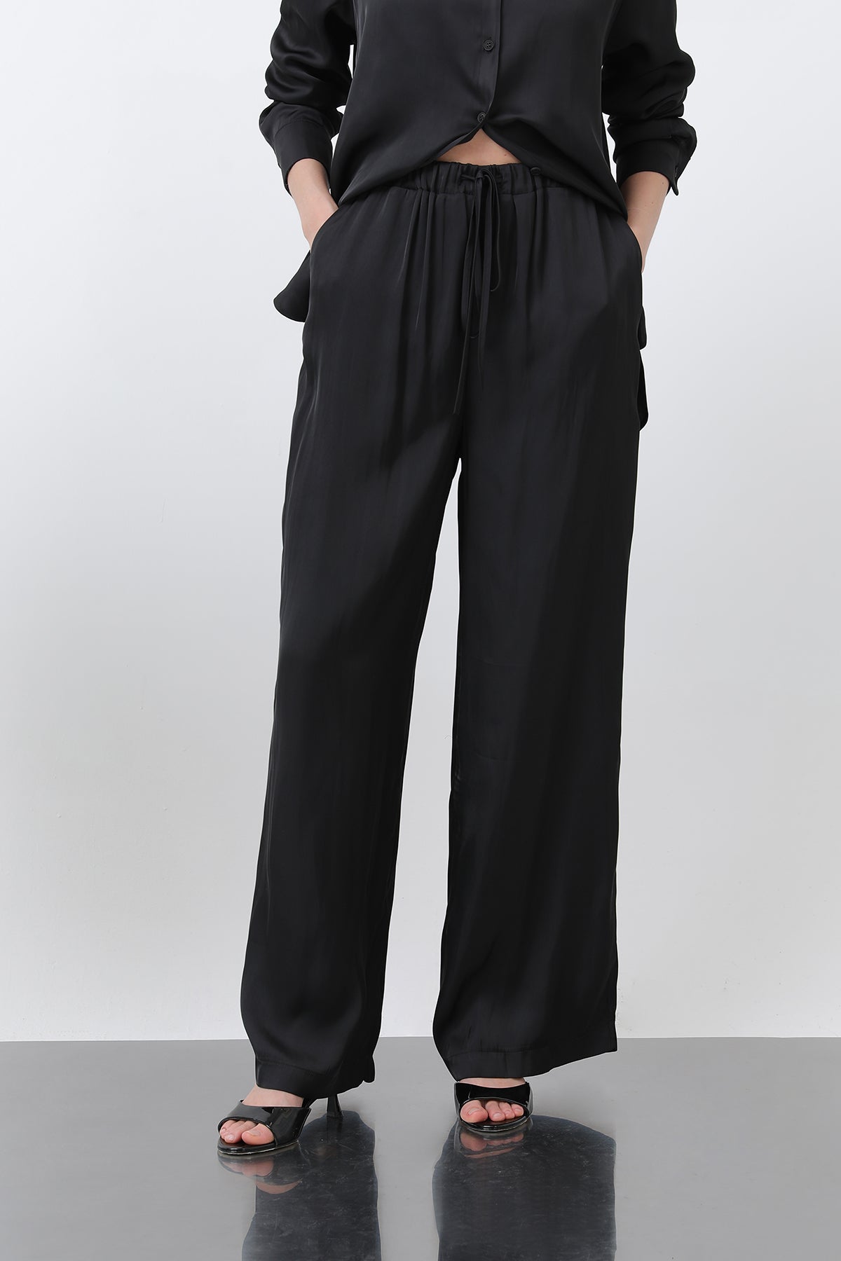 Kadın Saten Belden Bağlamalı Pantalon - 32259PNT BLACK
