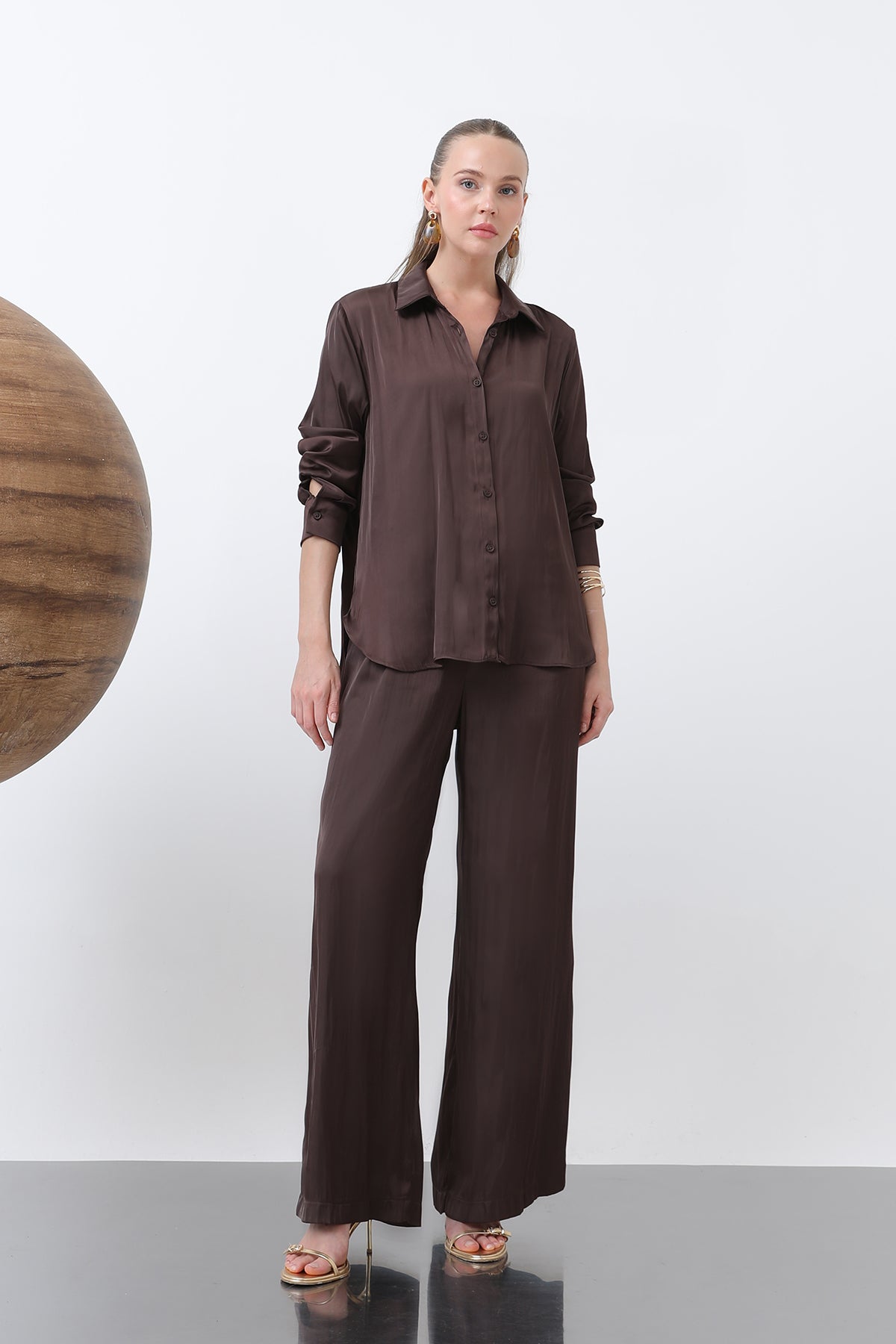 Kadın Saten Belden Bağlamalı Pantalon - 32259PNT BROWN