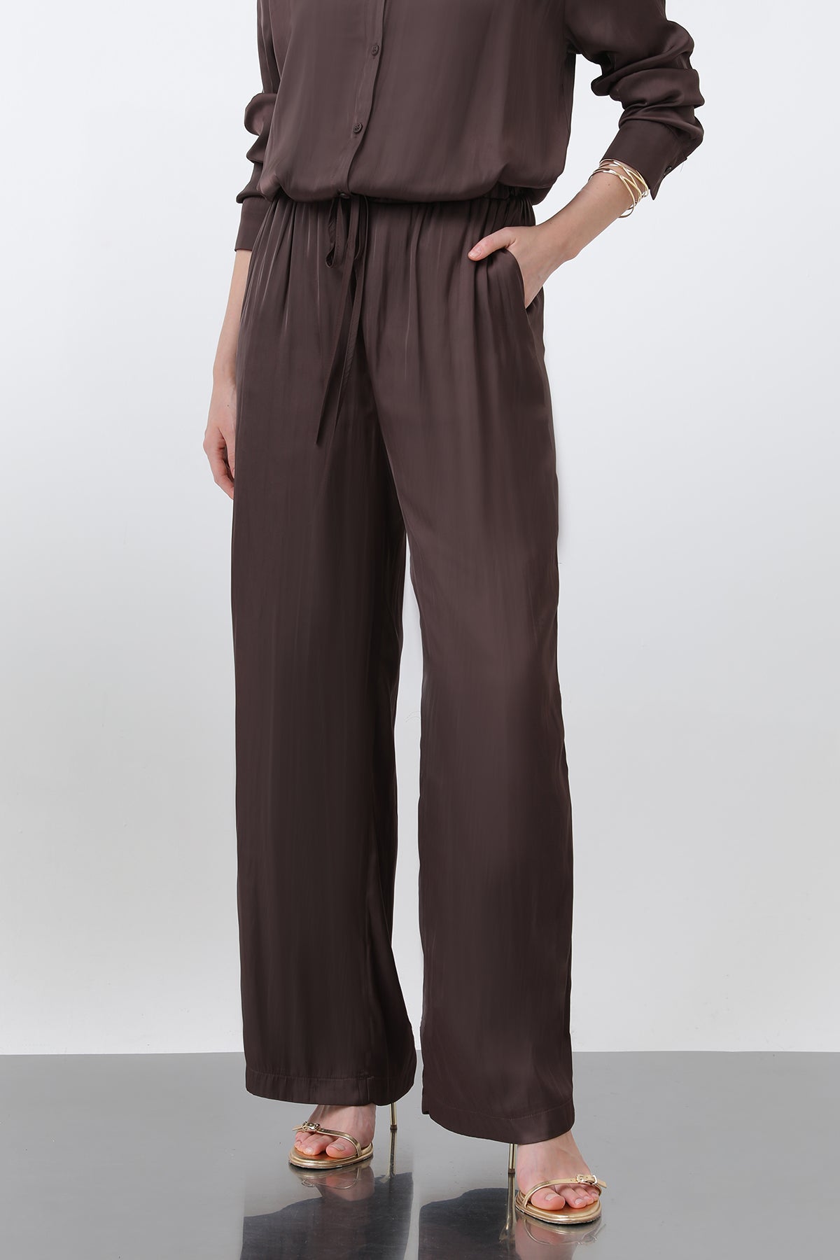 Kadın Saten Belden Bağlamalı Pantalon - 32259PNT BROWN