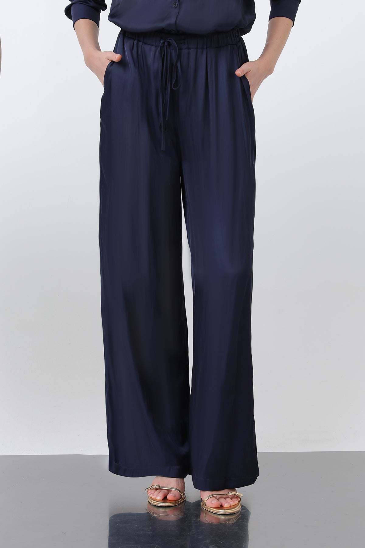Kadın Saten Belden Bağlamalı Pantalon - 32259PNT NAVY