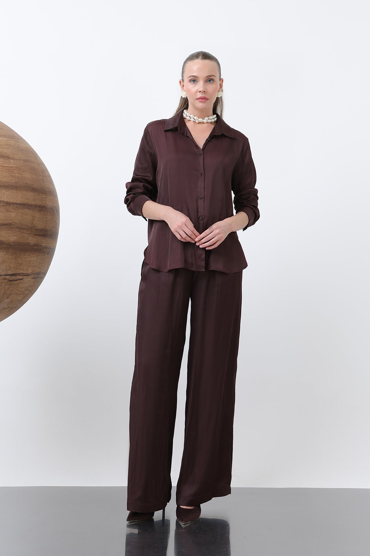 Kadın Saten Belden Bağlamalı Pantalon - 32259PNT BURGUNDY