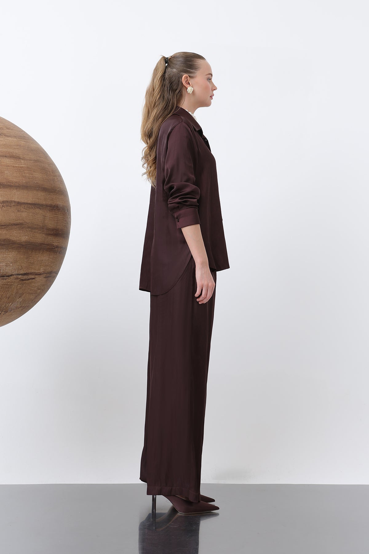 Kadın Saten Belden Bağlamalı Pantalon - 32259PNT BURGUNDY