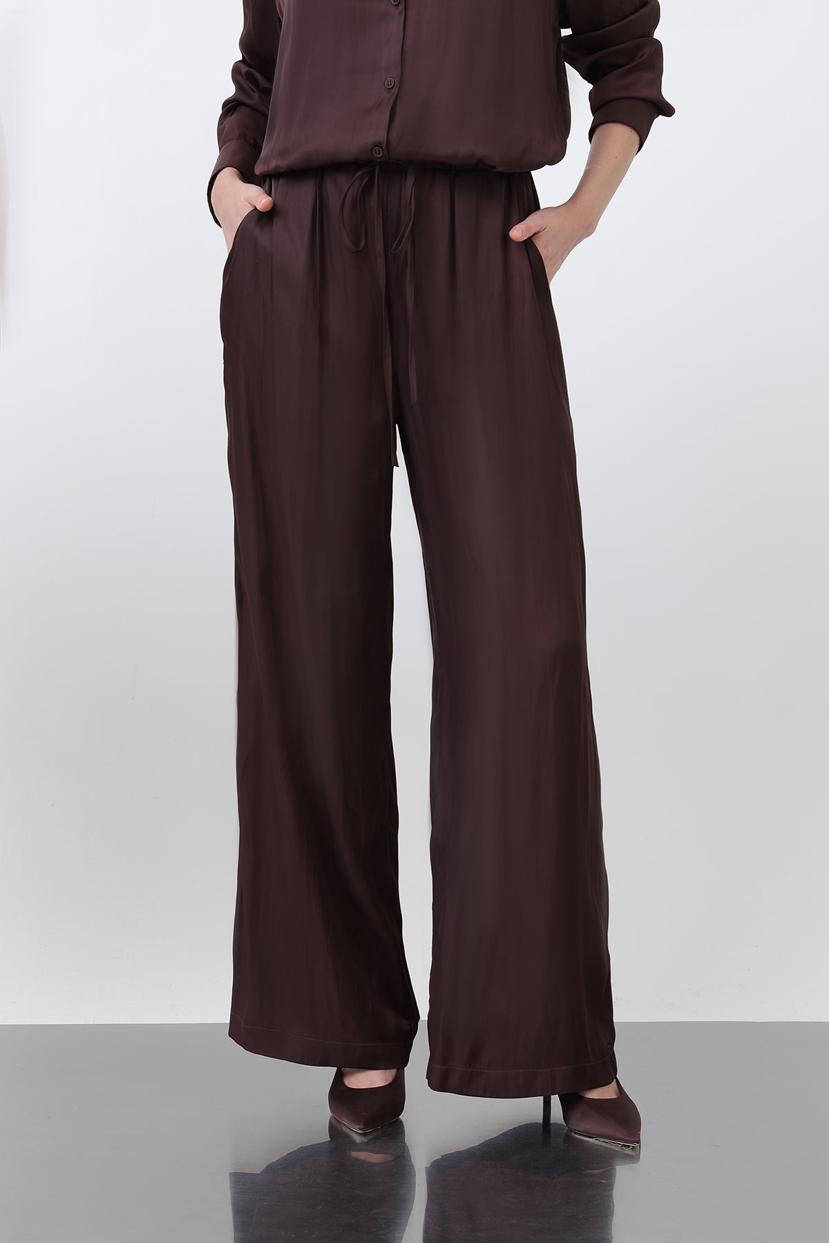 Kadın Saten Belden Bağlamalı Pantalon - 32259PNT BURGUNDY