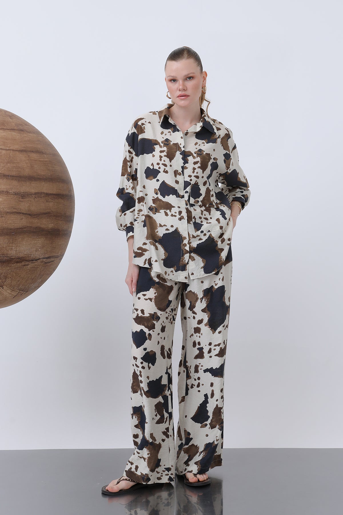 Kadın Desenli Cepli Gömlek -32261GML BEIGE-BROWN