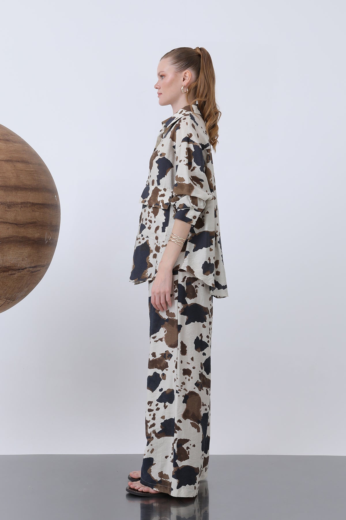 Kadın Desenli Cepli Gömlek -32261GML BEIGE-BROWN