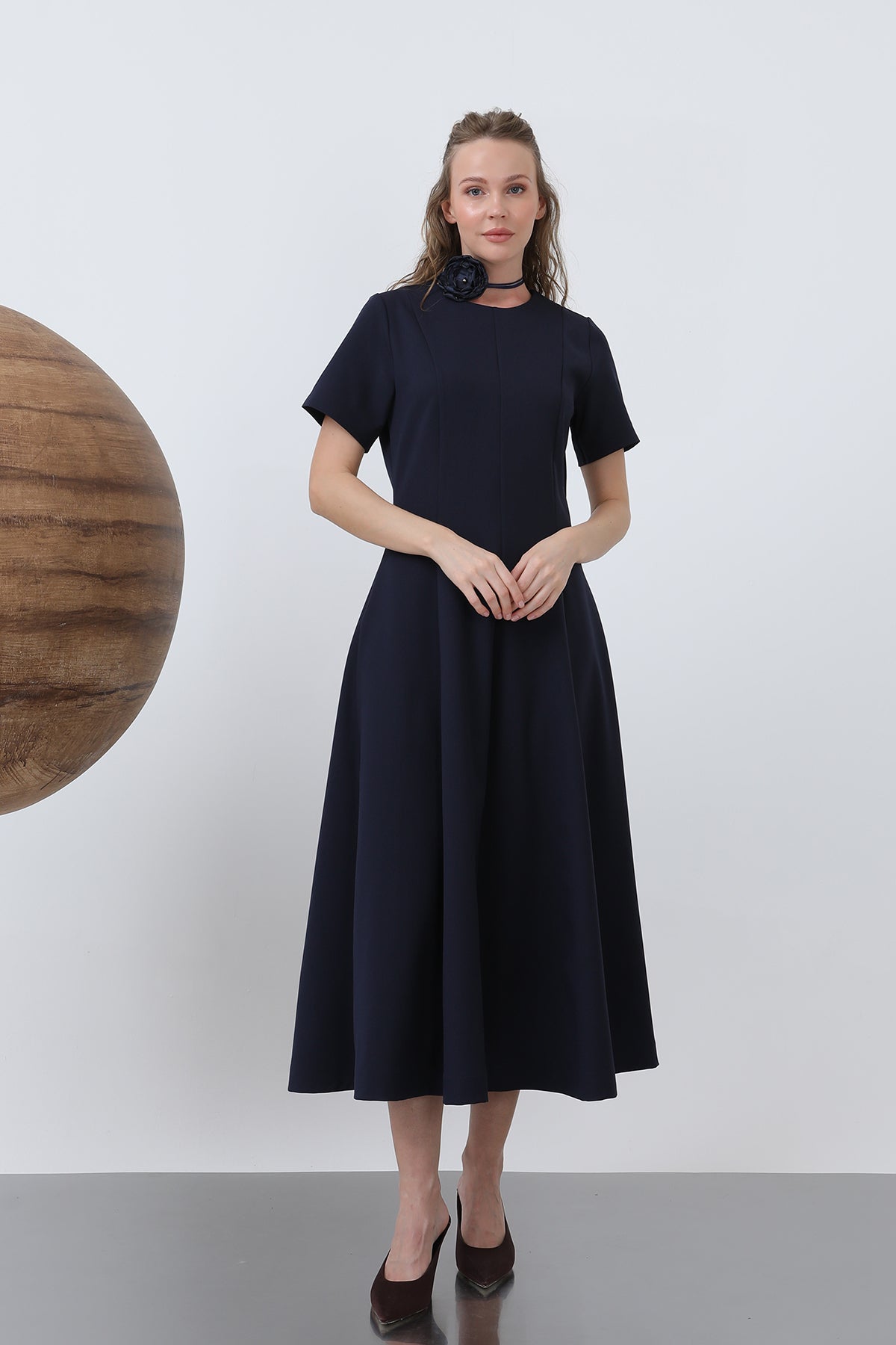 Kadın Kısa Kollu Midi Elbise -32266ELB NAVY