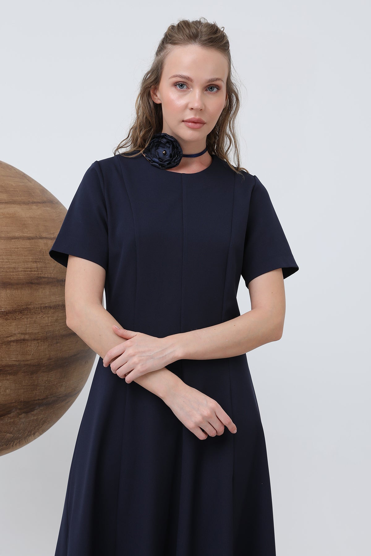 Kadın Kısa Kollu Midi Elbise -32266ELB NAVY