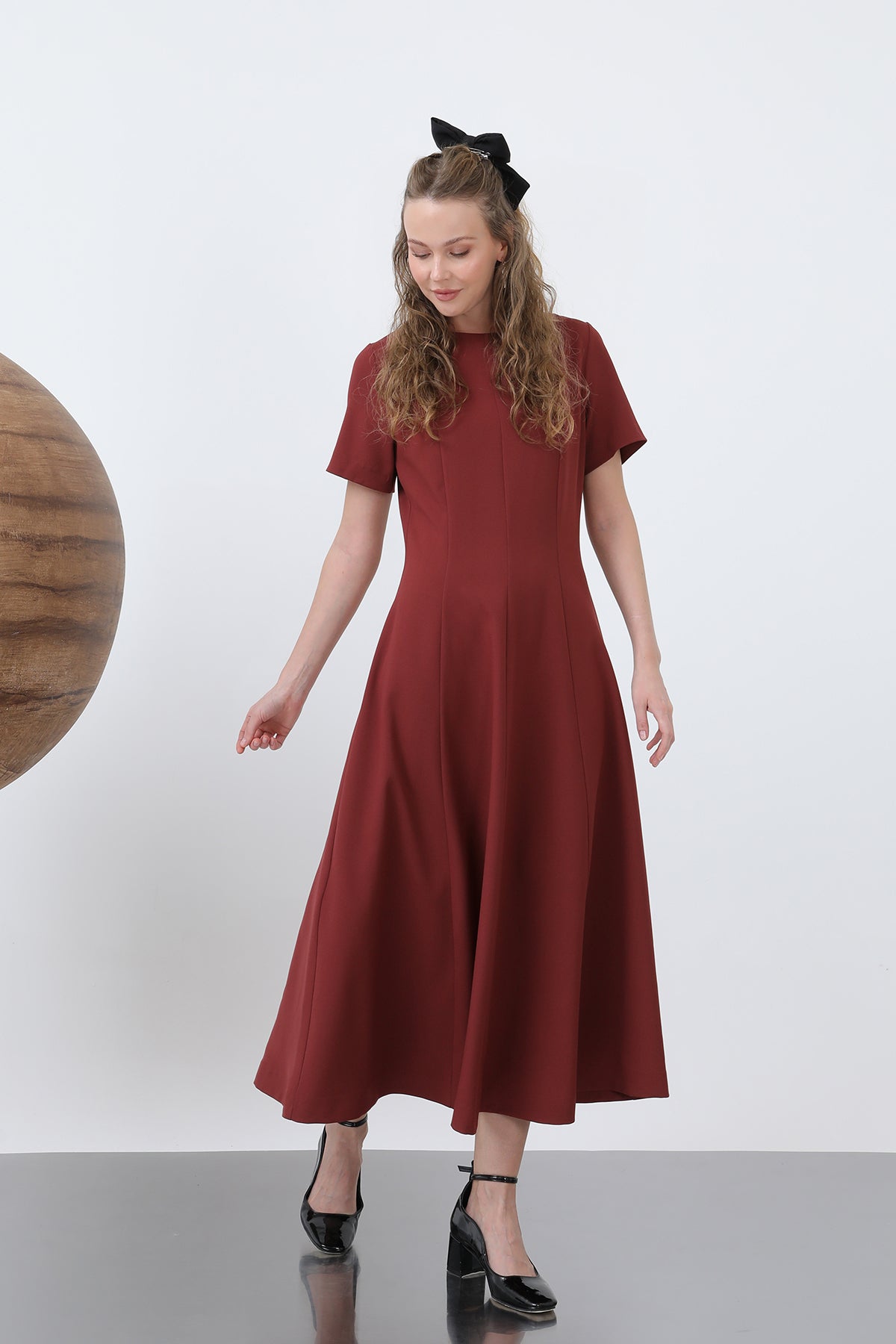 Kadın Kısa Kollu Midi Elbise -32266ELB BURGUNDY