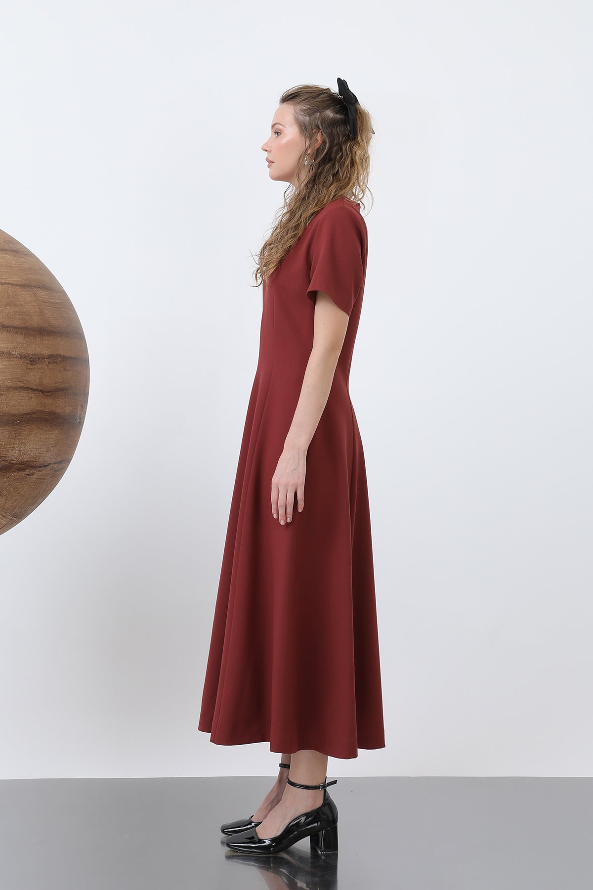 Kadın Kısa Kollu Midi Elbise -32266ELB BURGUNDY