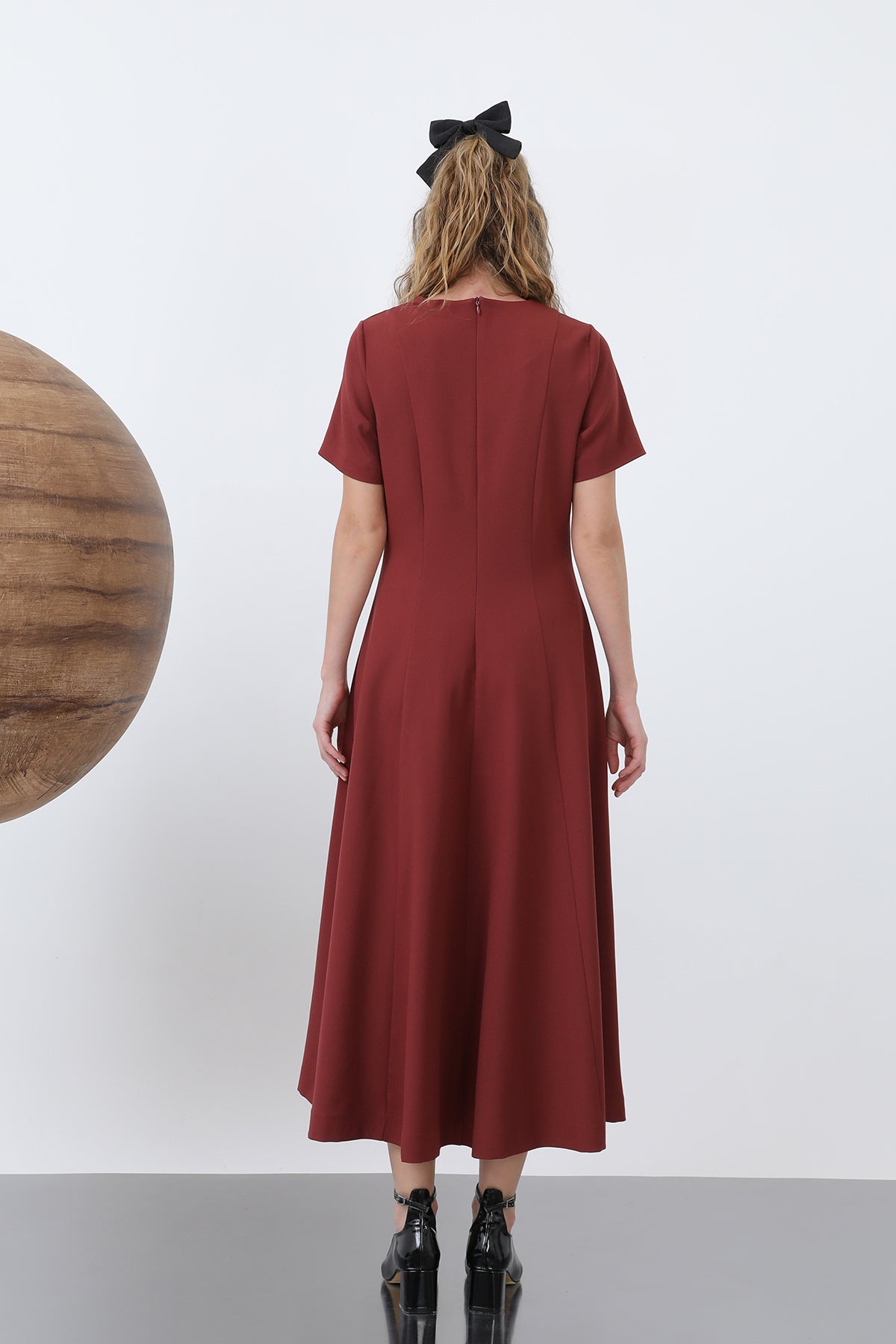 Kadın Kısa Kollu Midi Elbise -32266ELB BURGUNDY