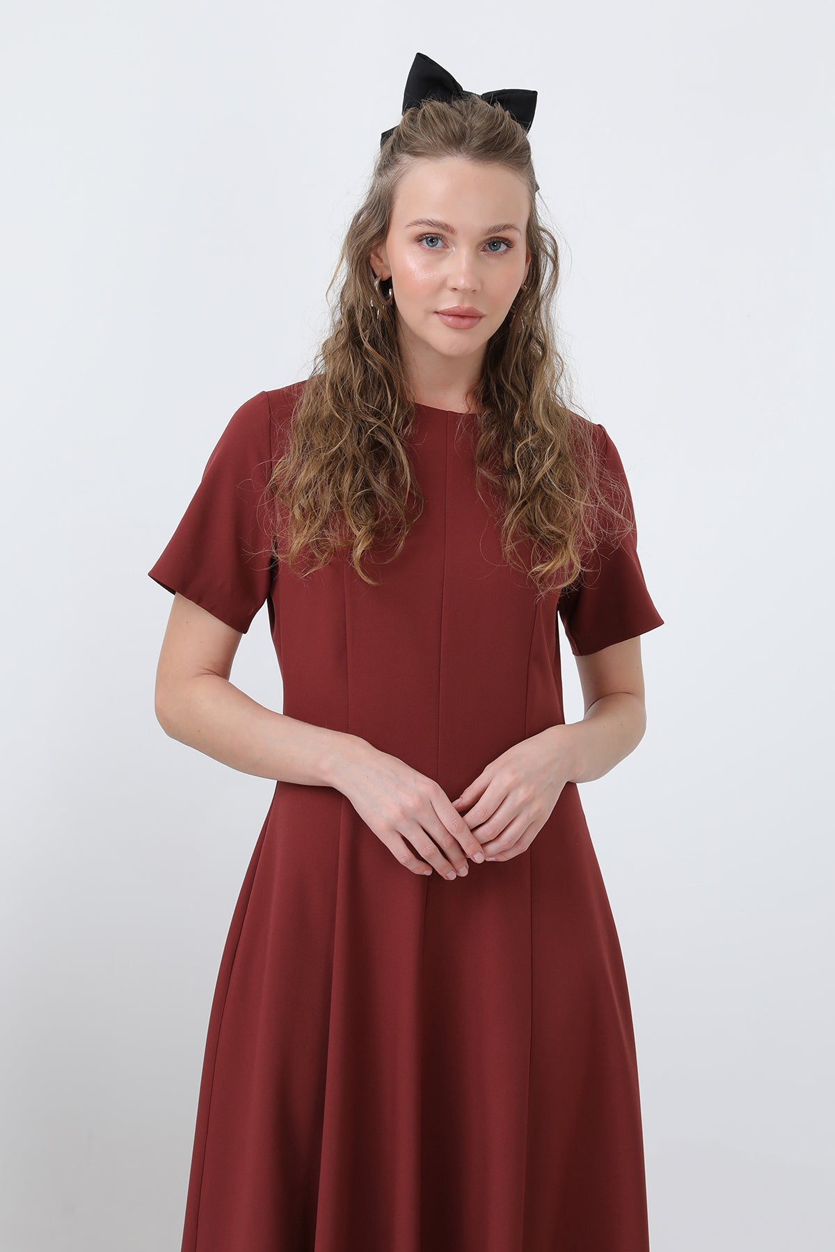 Kadın Kısa Kollu Midi Elbise -32266ELB BURGUNDY