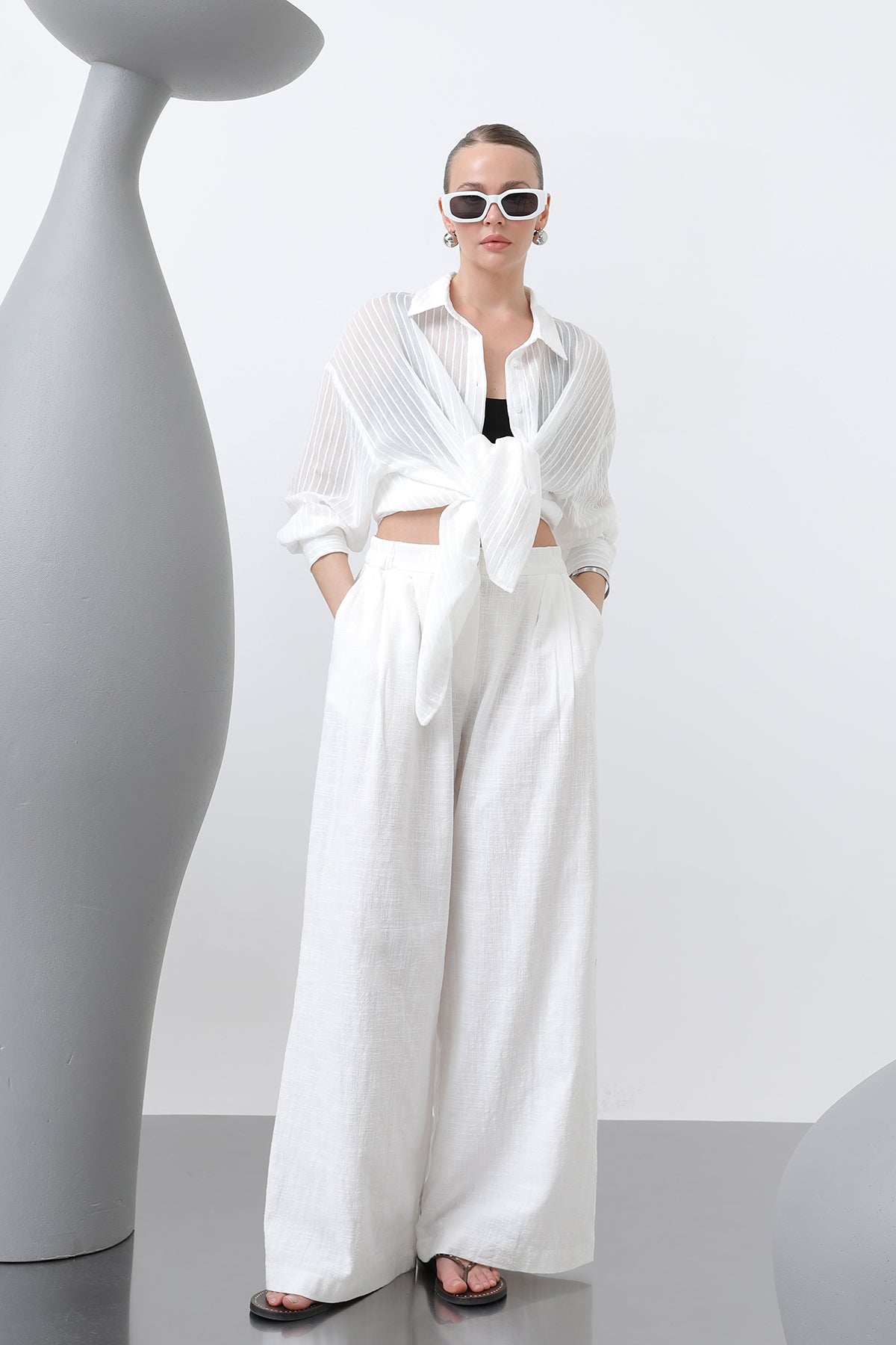 Kadın Pileli Bol Pantolon - 32276PNT ECRU