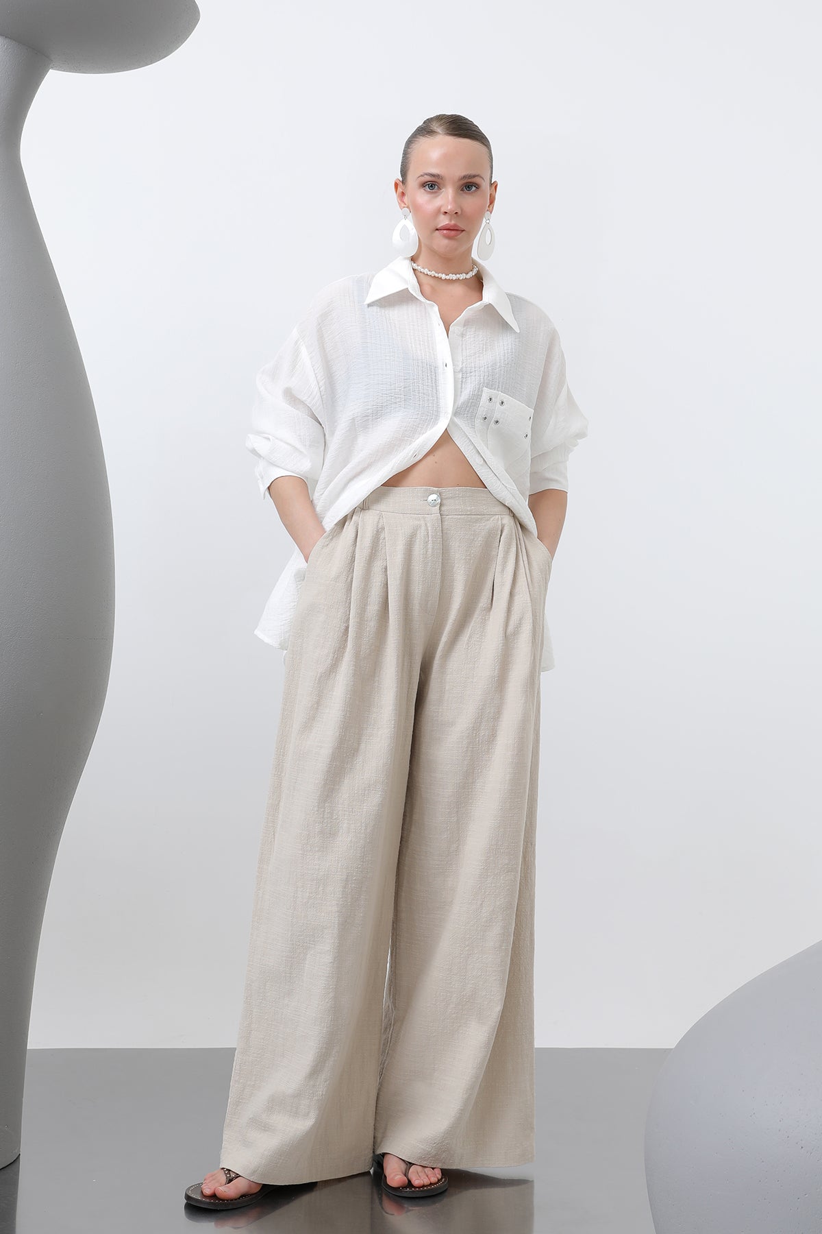 Kadın Pileli Bol Pantolon - 32276PNT BEIGE