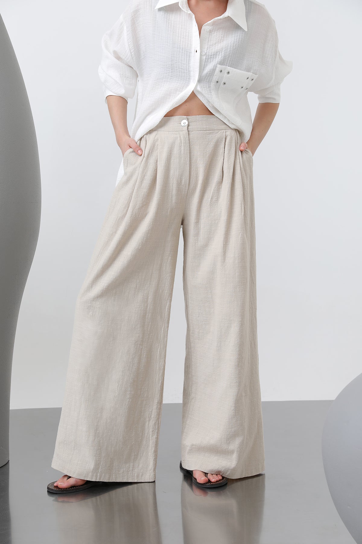 Kadın Pileli Bol Pantolon - 32276PNT BEIGE