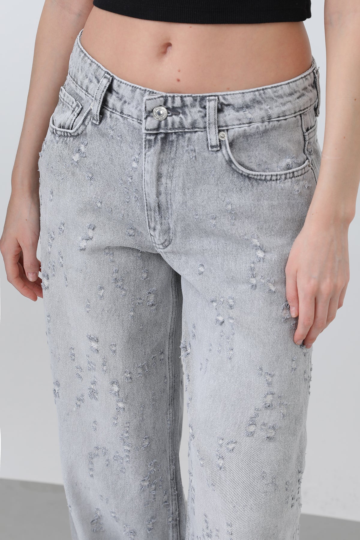 Kadın Basic Bol Denim Pantolon -32277PNT GREY