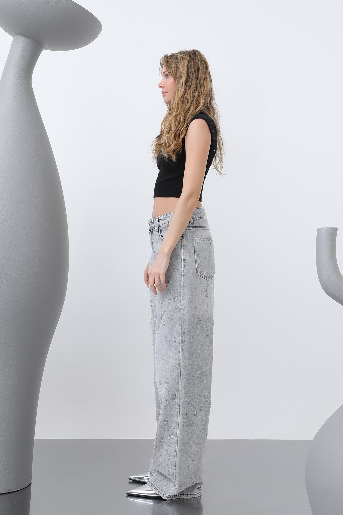 Kadın Basic Bol Denim Pantolon -32277PNT GREY