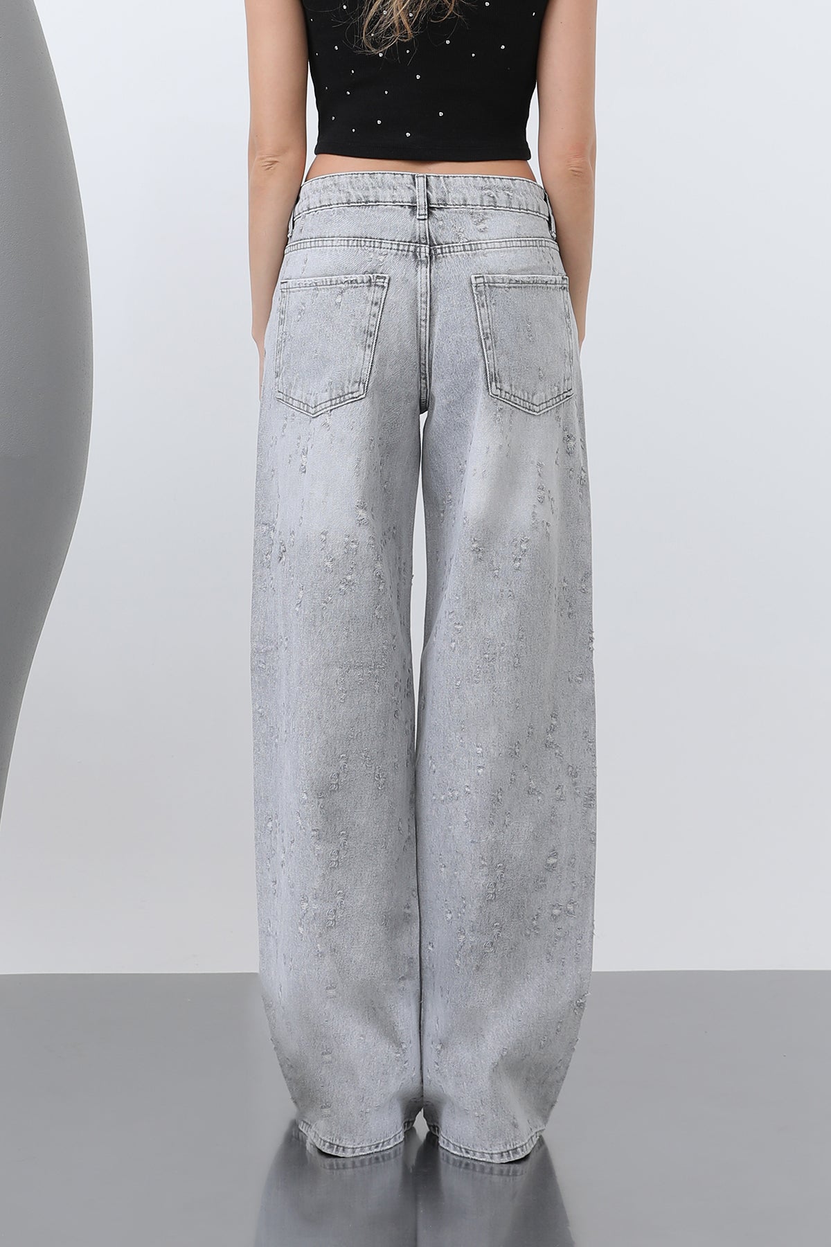 Kadın Basic Bol Denim Pantolon -32277PNT GREY