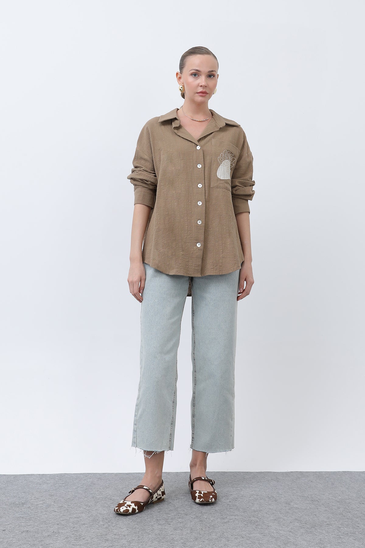 Kadın Cep Nakışlı Gömlek -32283GML BROWN