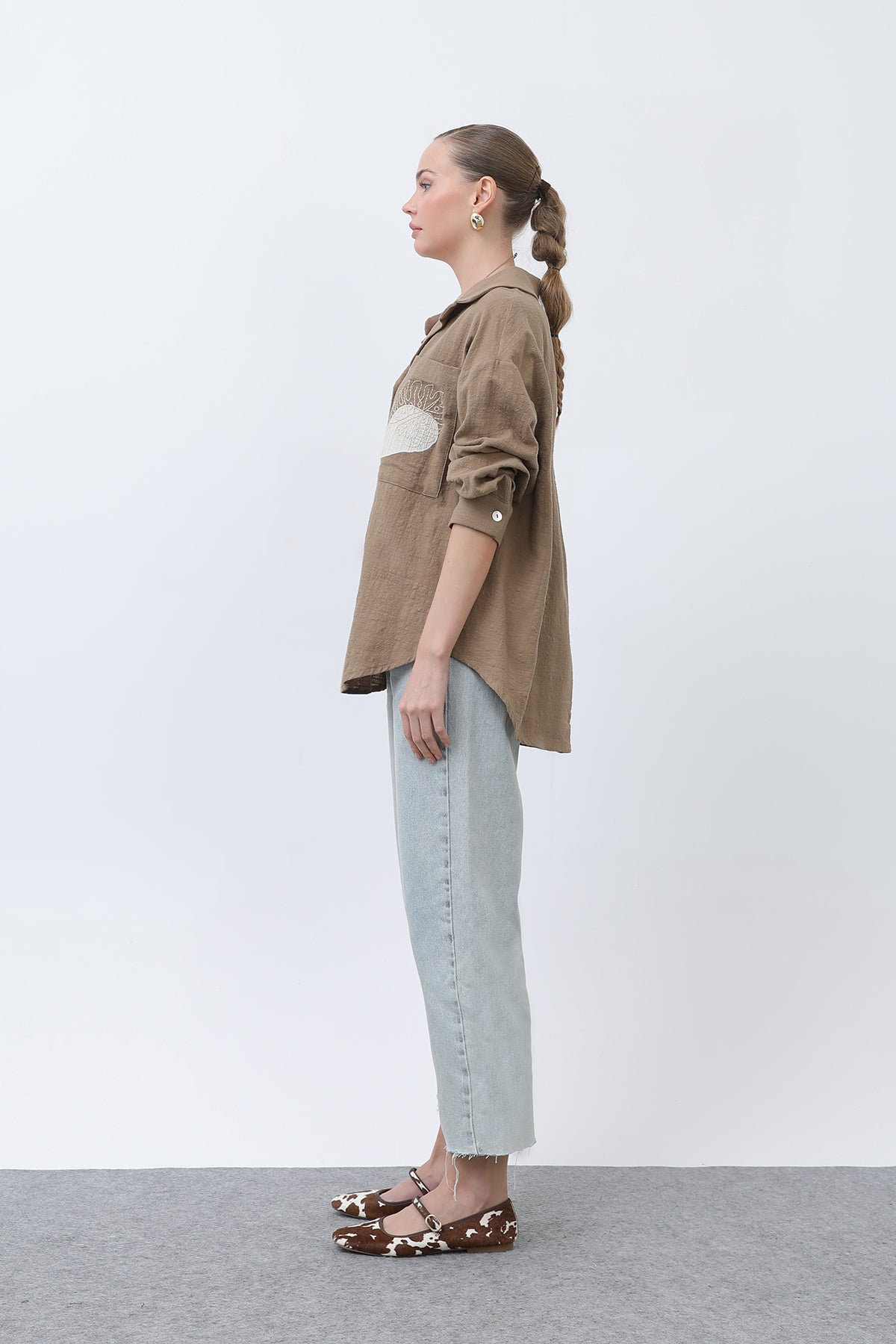 Kadın Cep Nakışlı Gömlek -32283GML BROWN