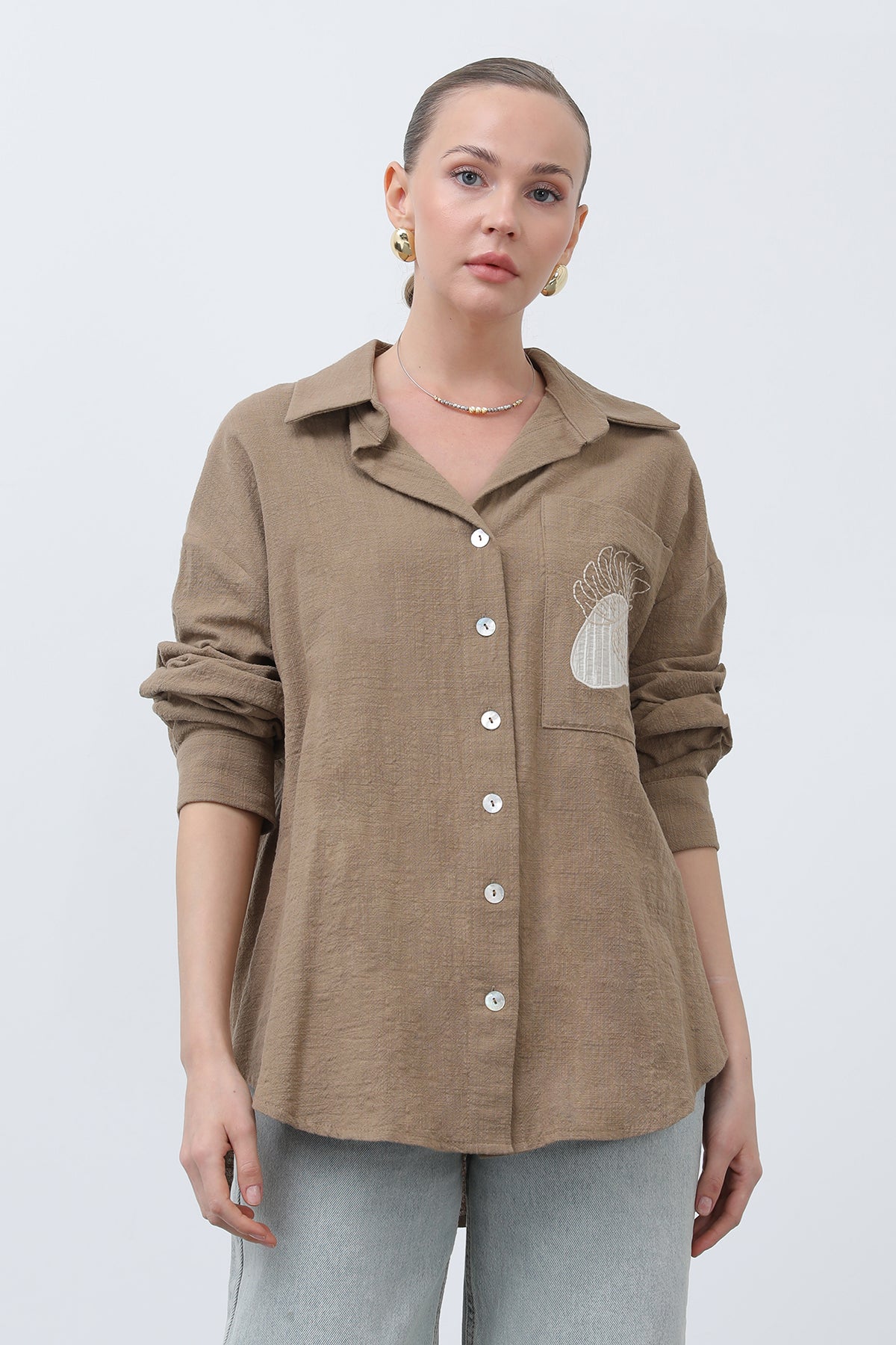 Kadın Cep Nakışlı Gömlek -32283GML BROWN