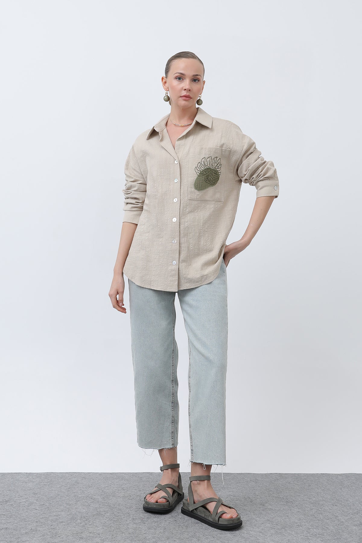 Kadın Cep Nakışlı Gömlek -32283GML BEIGE