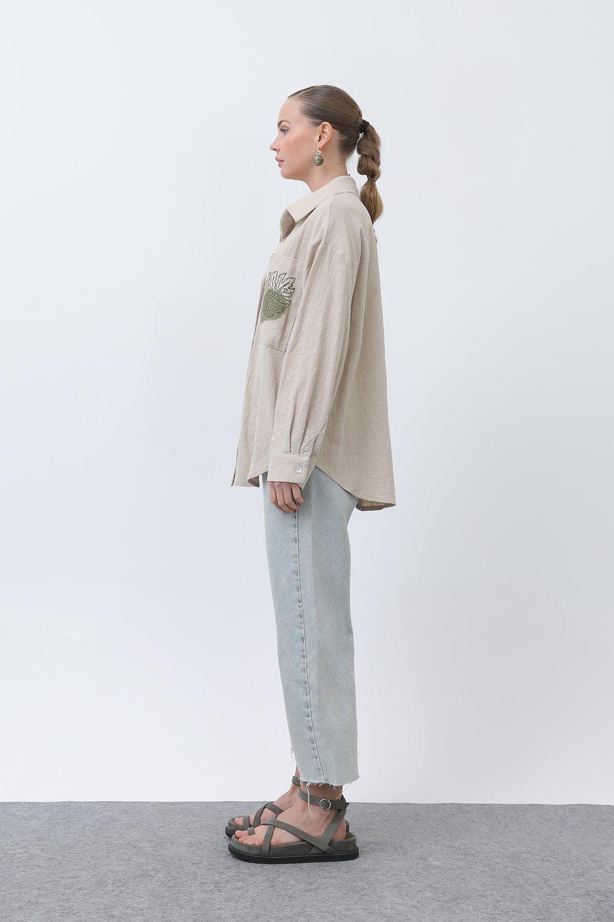 Kadın Cep Nakışlı Gömlek -32283GML BEIGE