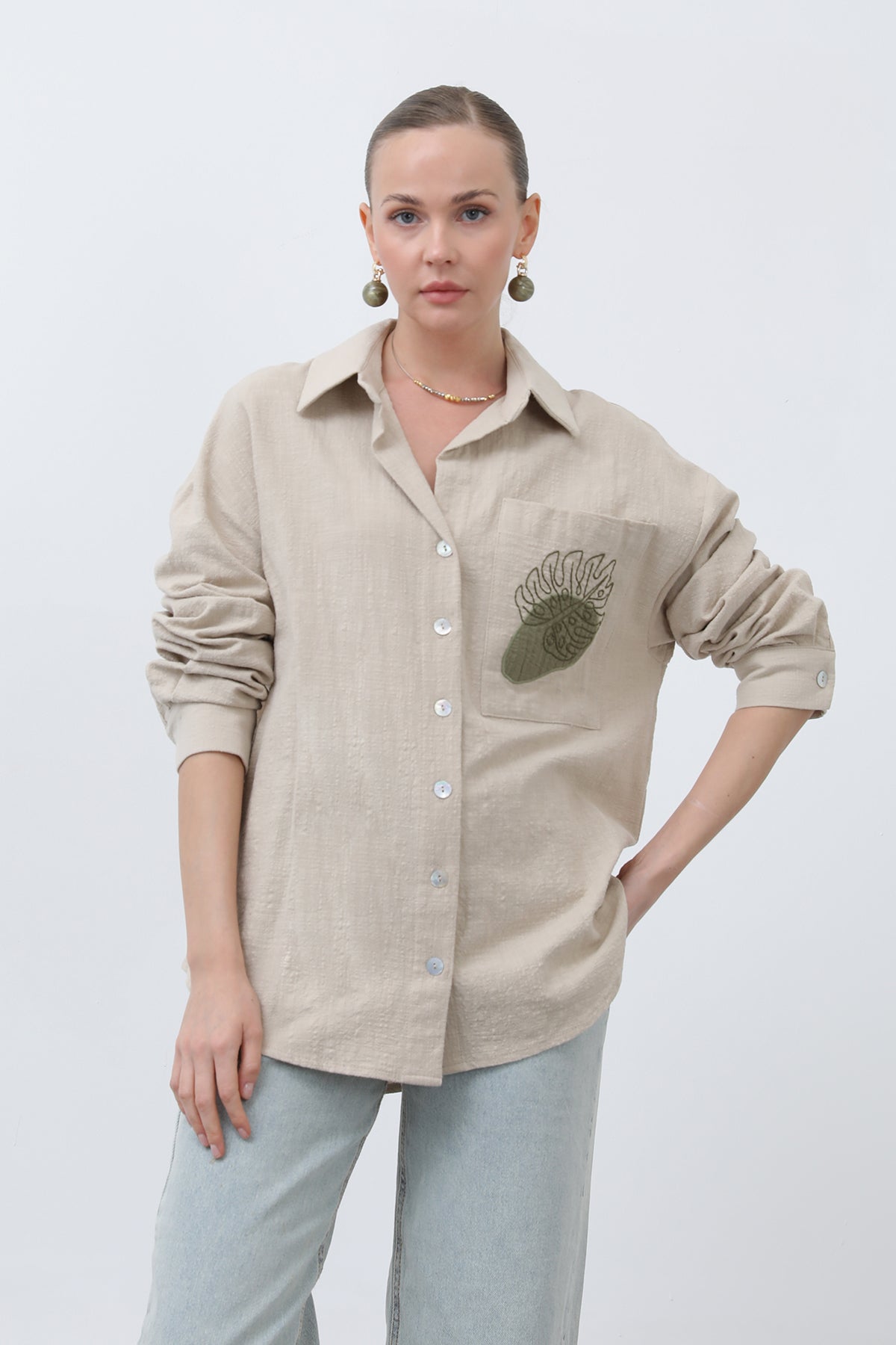 Kadın Cep Nakışlı Gömlek -32283GML BEIGE