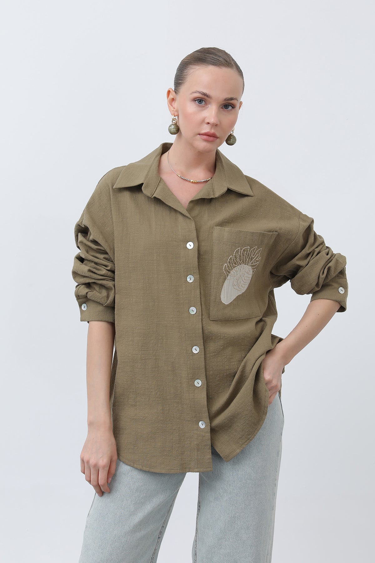 Kadın Cep Nakışlı Gömlek -32283GML KHAKI