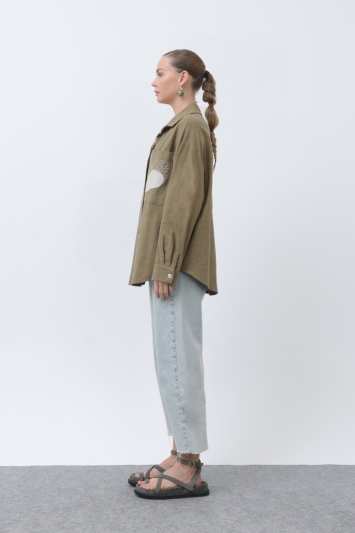 Kadın Cep Nakışlı Gömlek -32283GML KHAKI