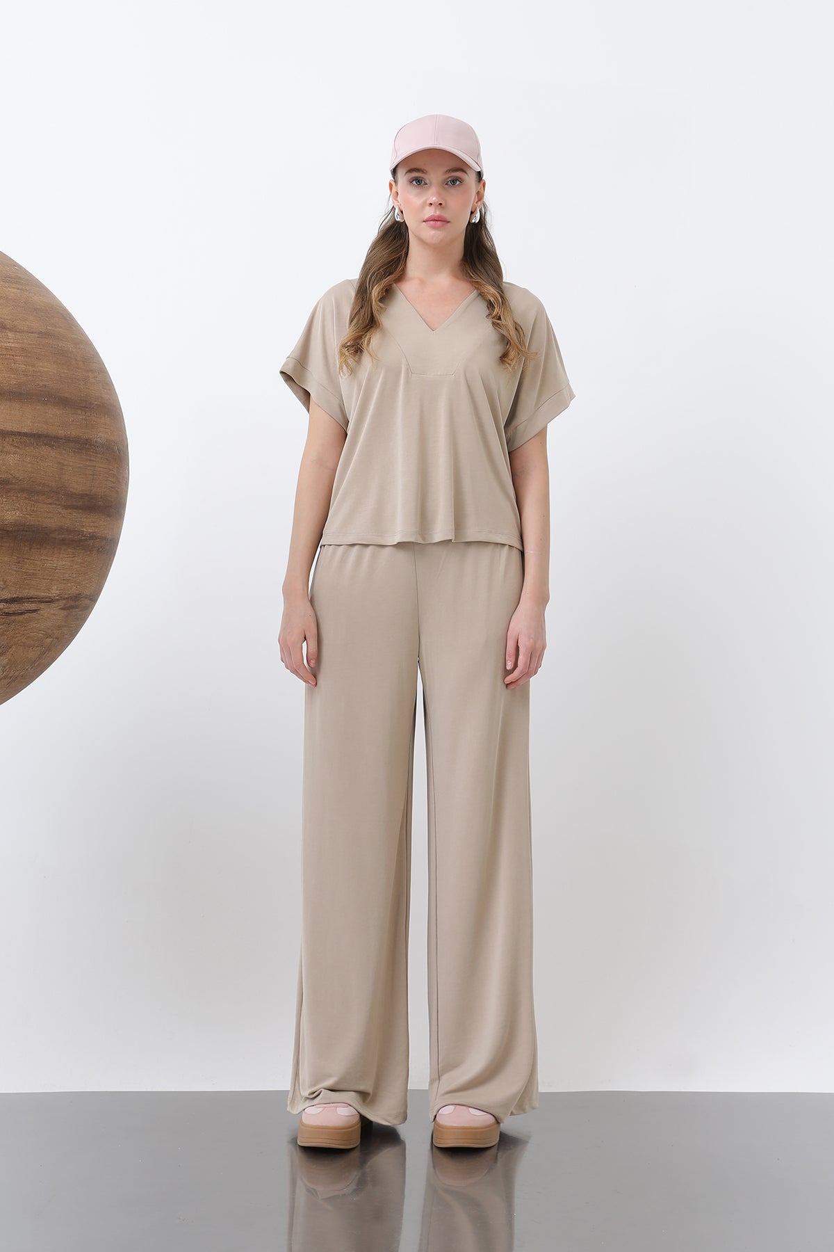 Kadın V Yakalı İkili Takım -32298TKM BEIGE