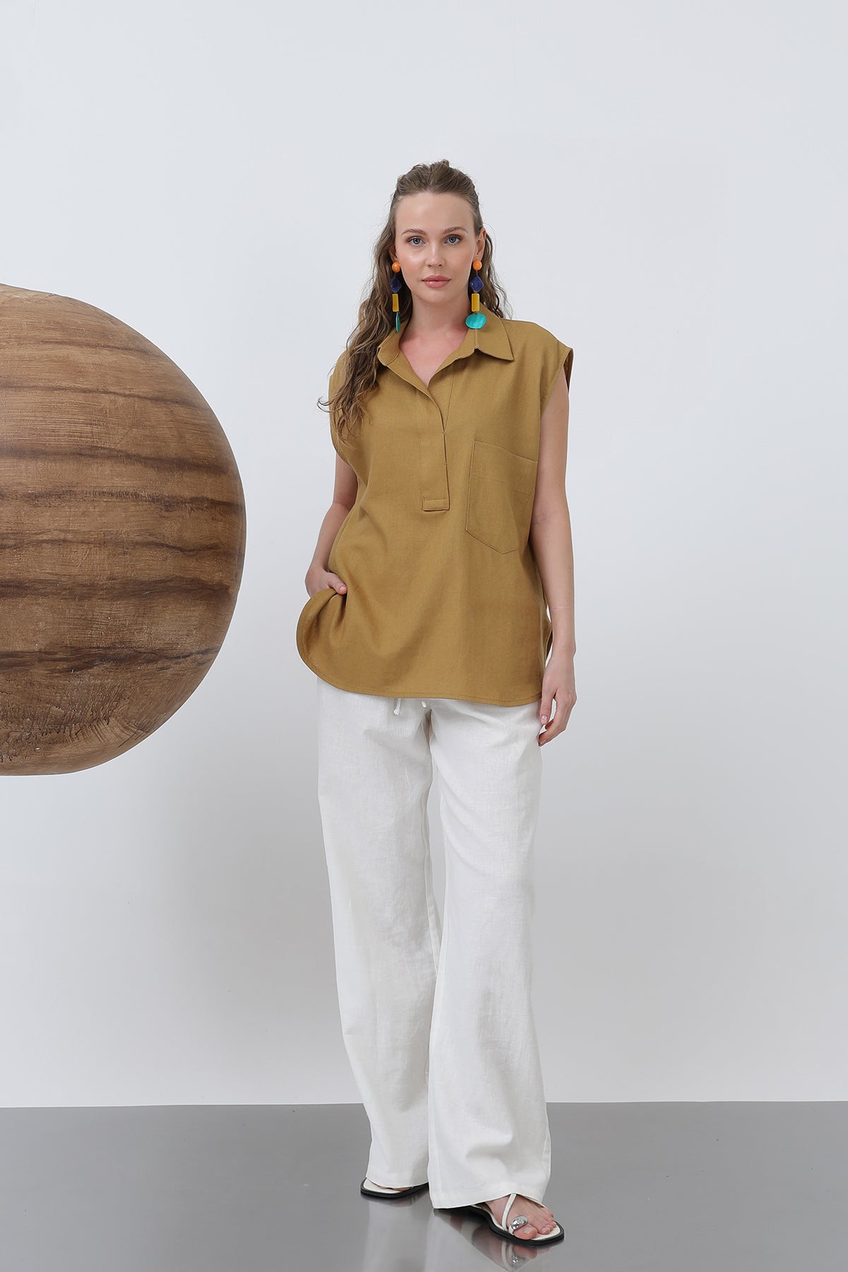 Kadın Sıfır Kol Yakalı Bluz -32301BLZ OLIVE