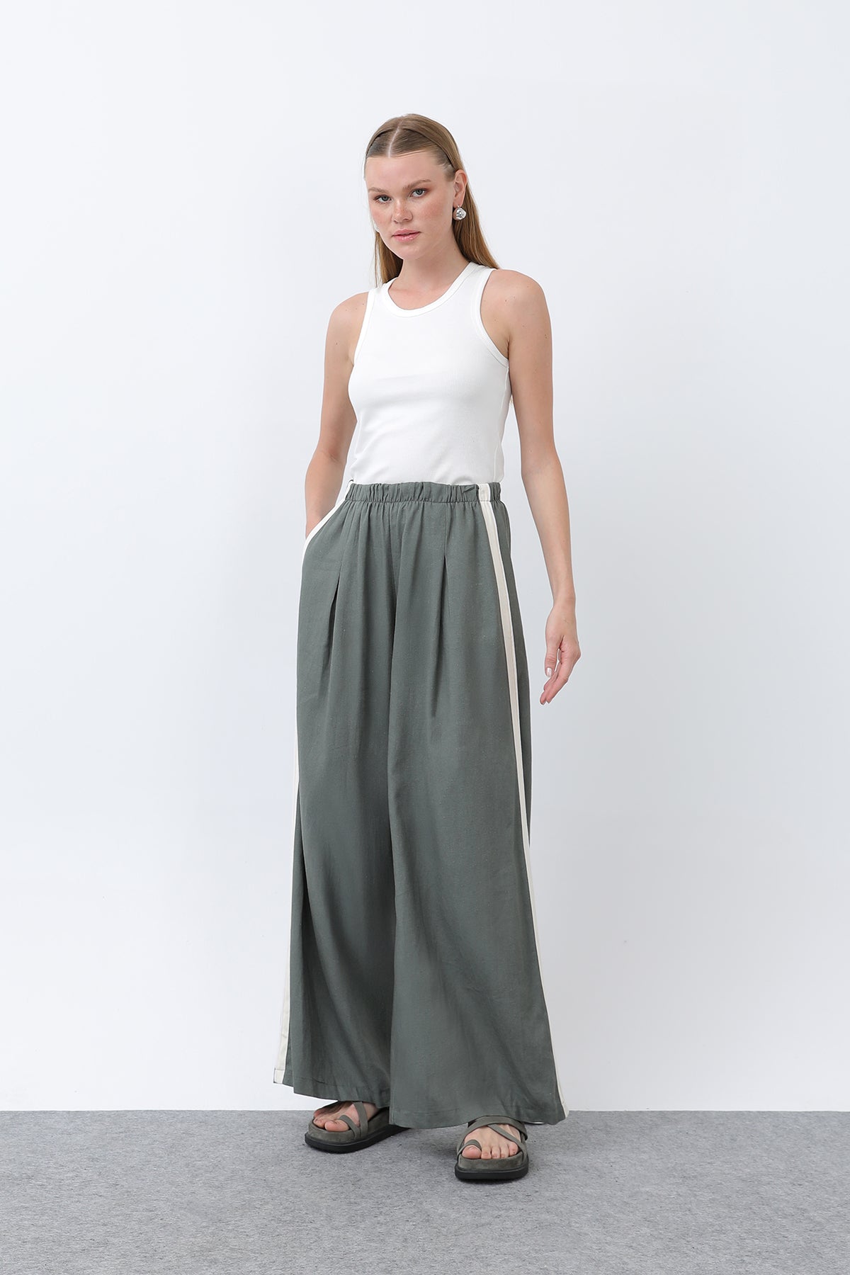 Kadın Yanları Grogrenli Belden Lastikli Pantolon -32302PNT KHAKI-ECRU