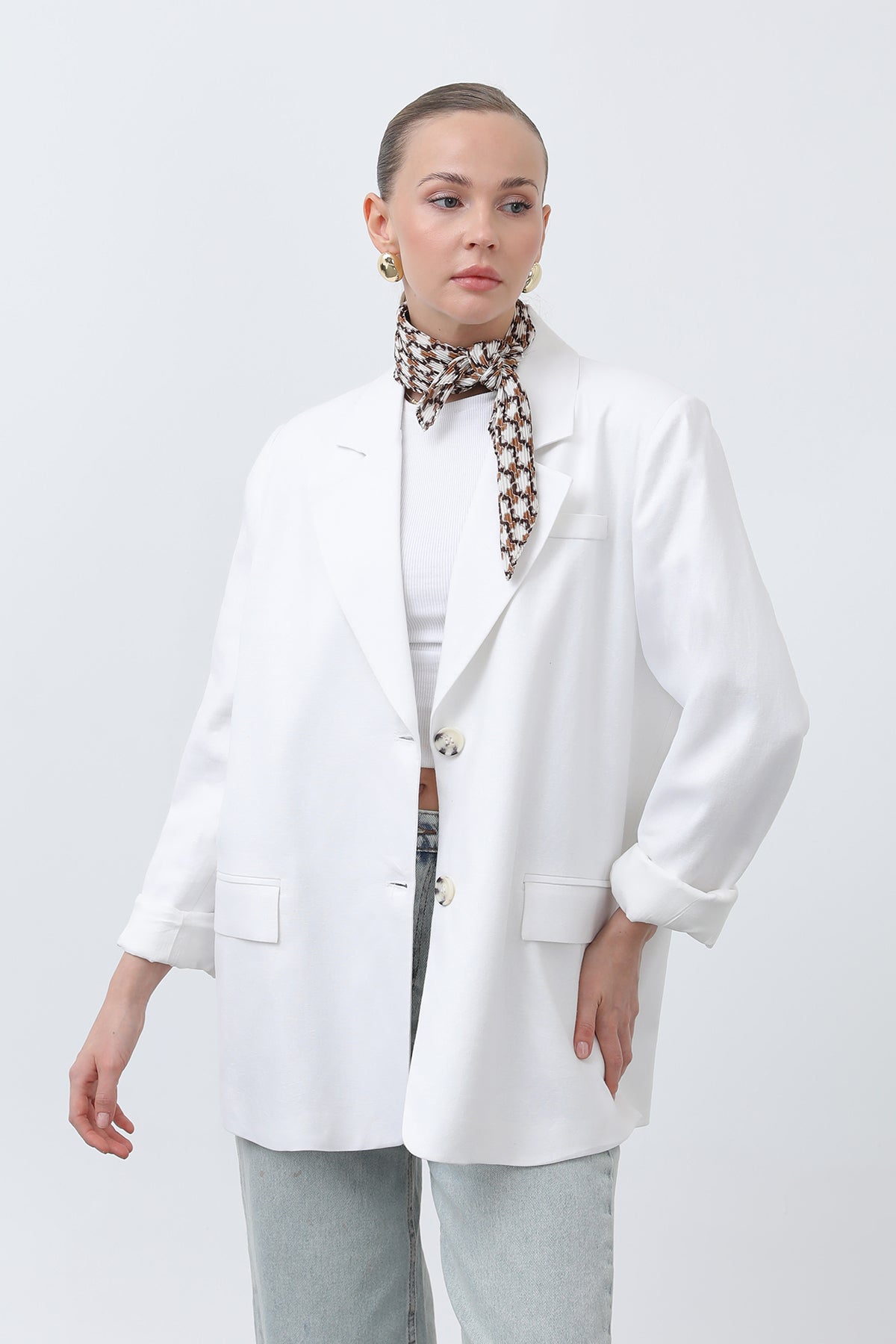 Kadın Keten Blazer Ceket -32303CKT ECRU