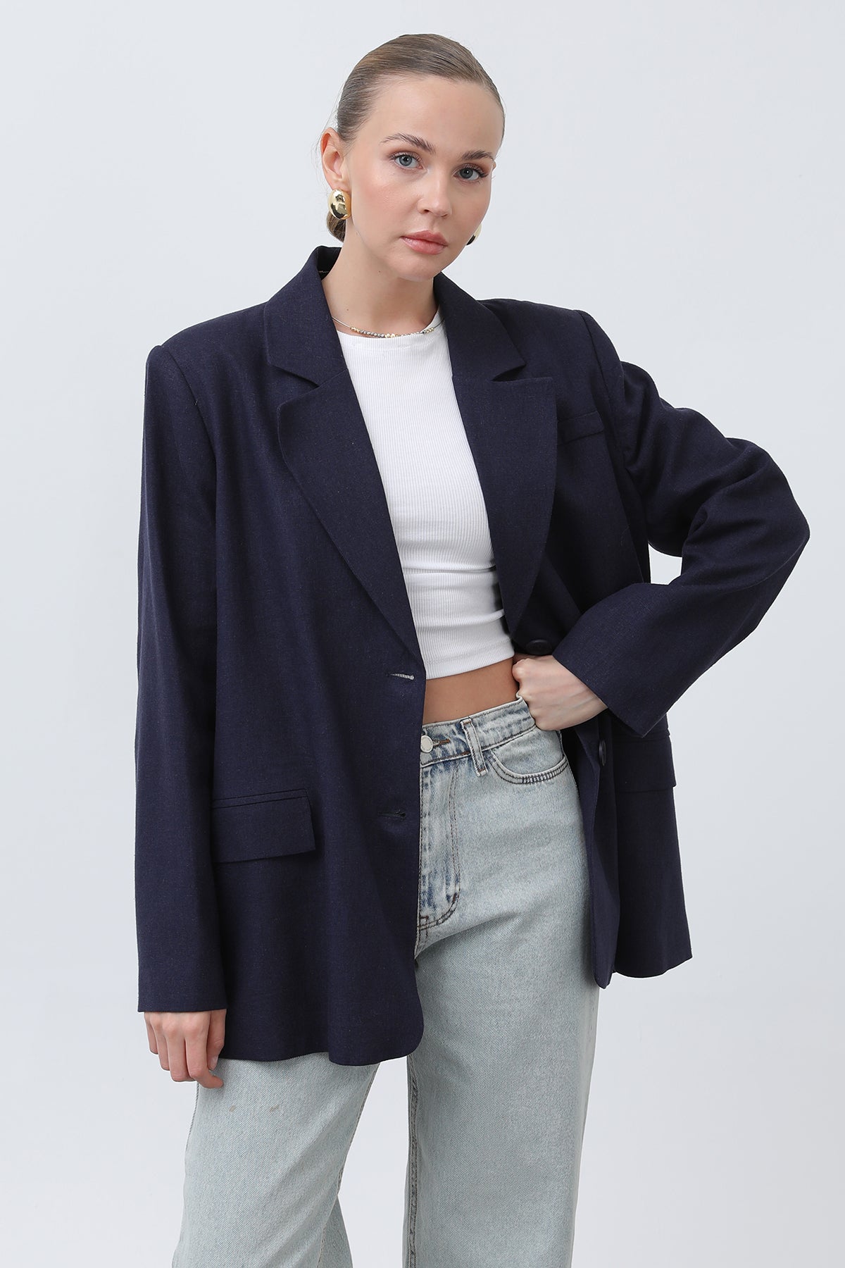 Kadın Keten Blazer Ceket -32303CKT NAVY