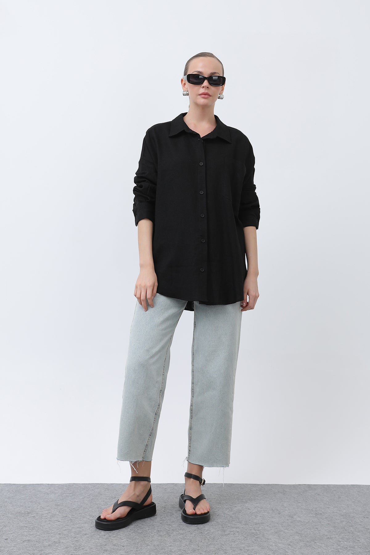 Kadın Basic Keten Gömlek - 32307GML BLACK