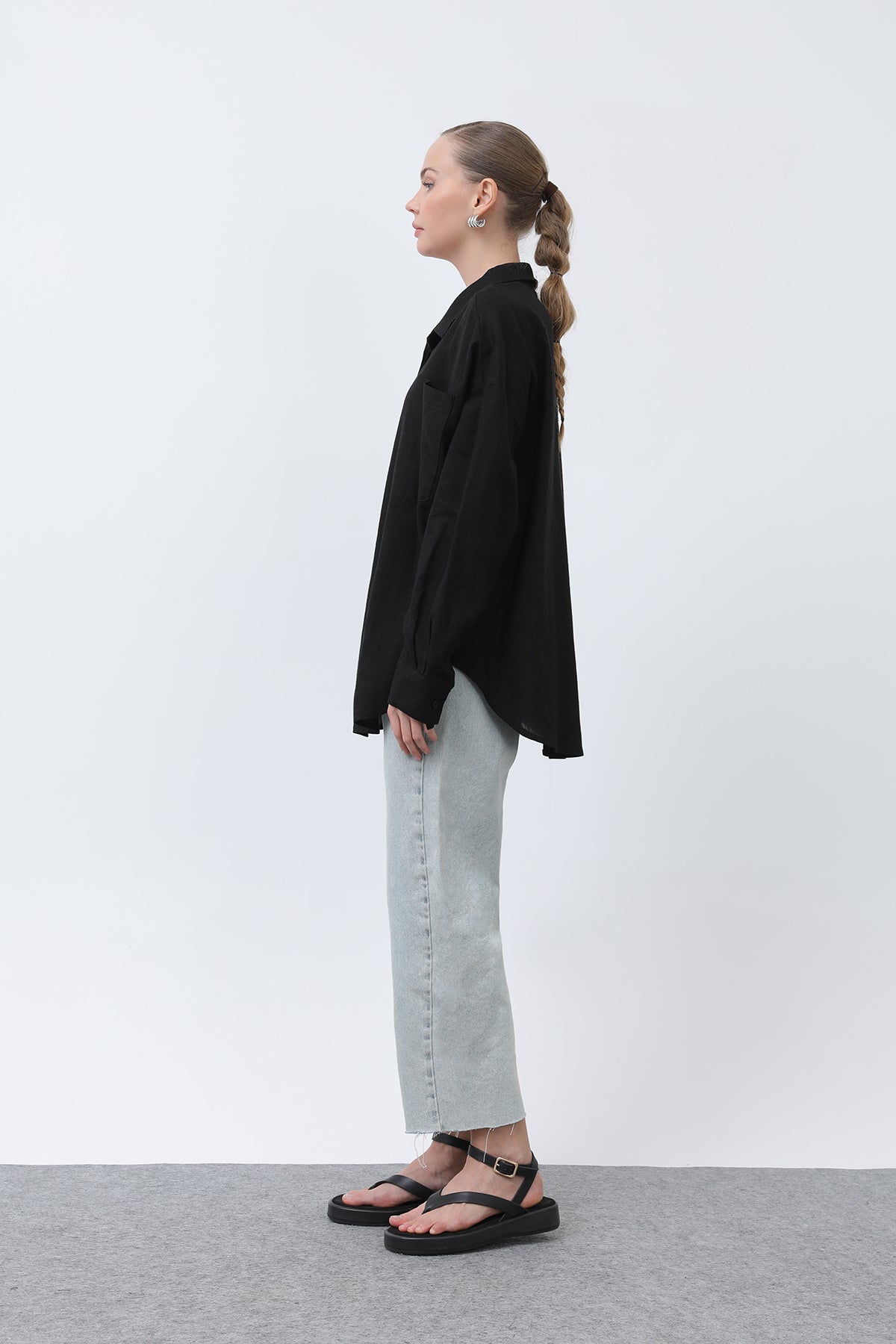 Kadın Basic Keten Gömlek - 32307GML BLACK