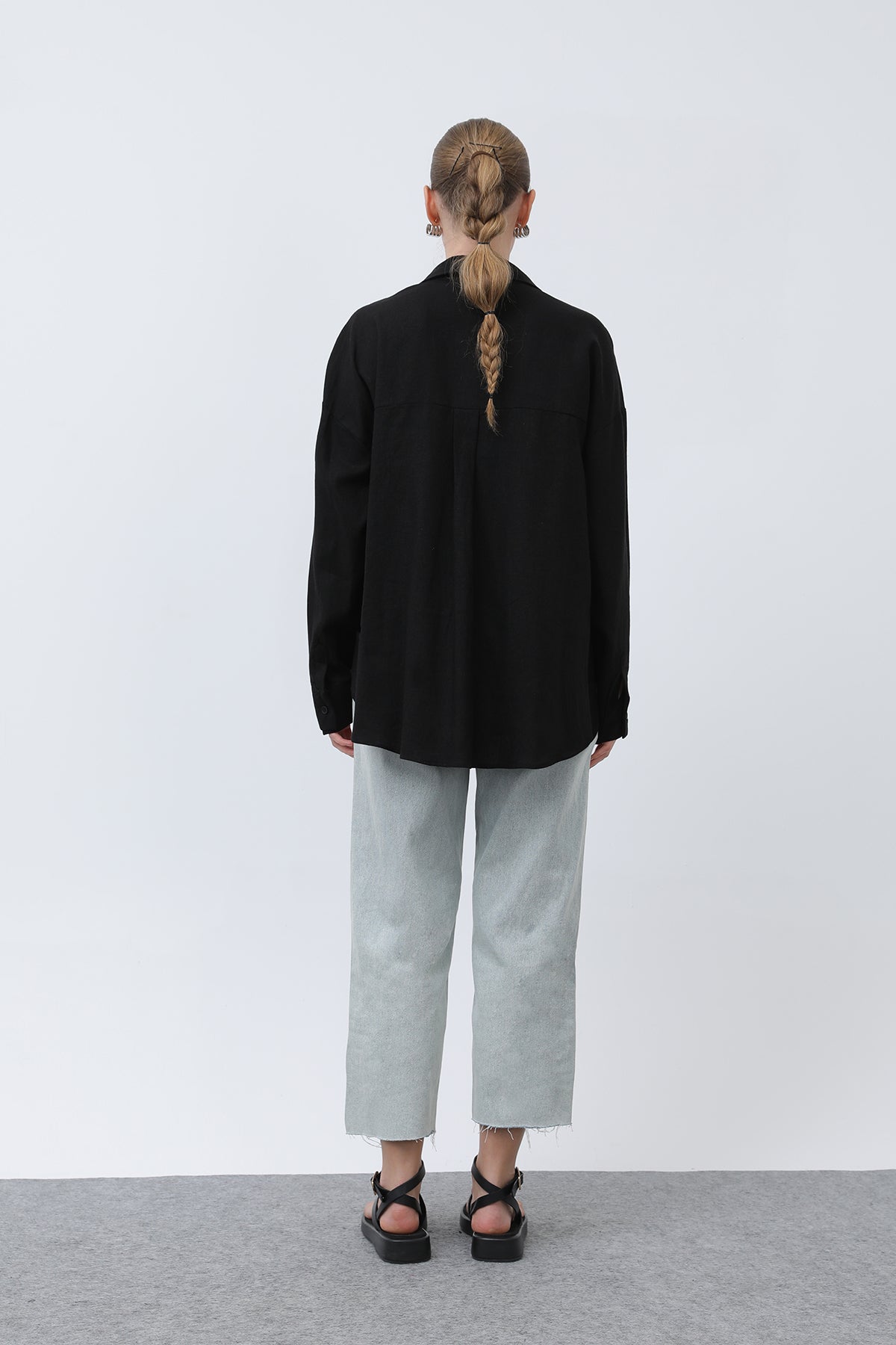 Kadın Basic Keten Gömlek - 32307GML BLACK