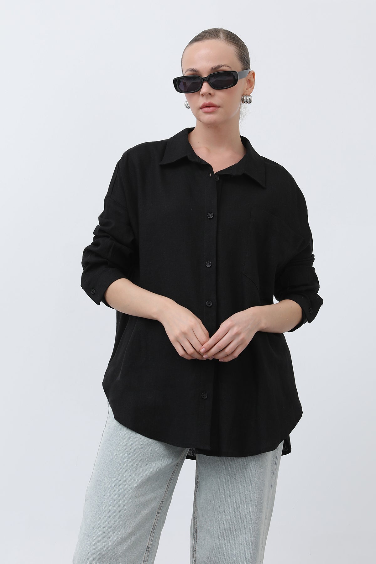 Kadın Basic Keten Gömlek - 32307GML BLACK