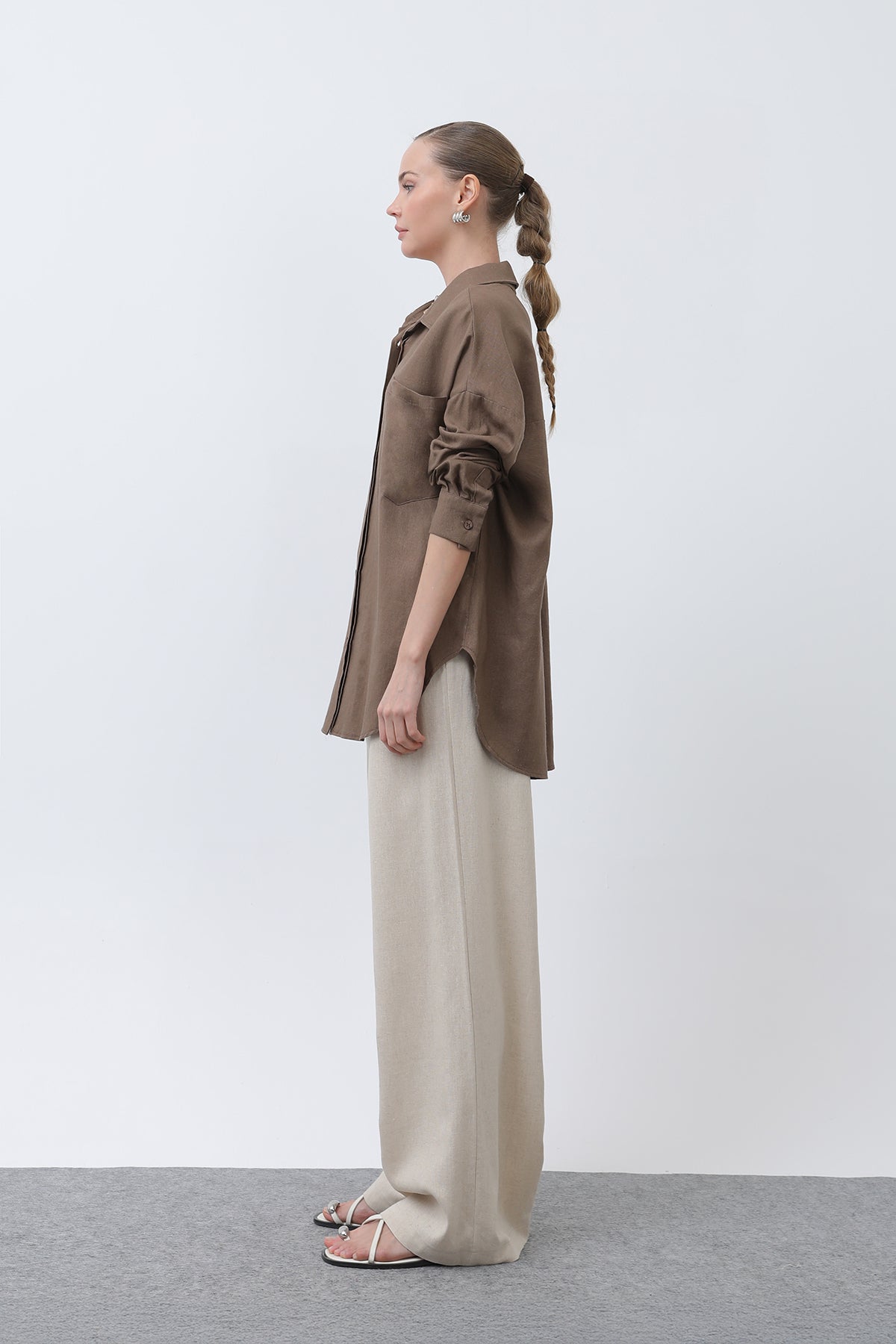 Kadın Basic Keten Gömlek - 32307GML BROWN