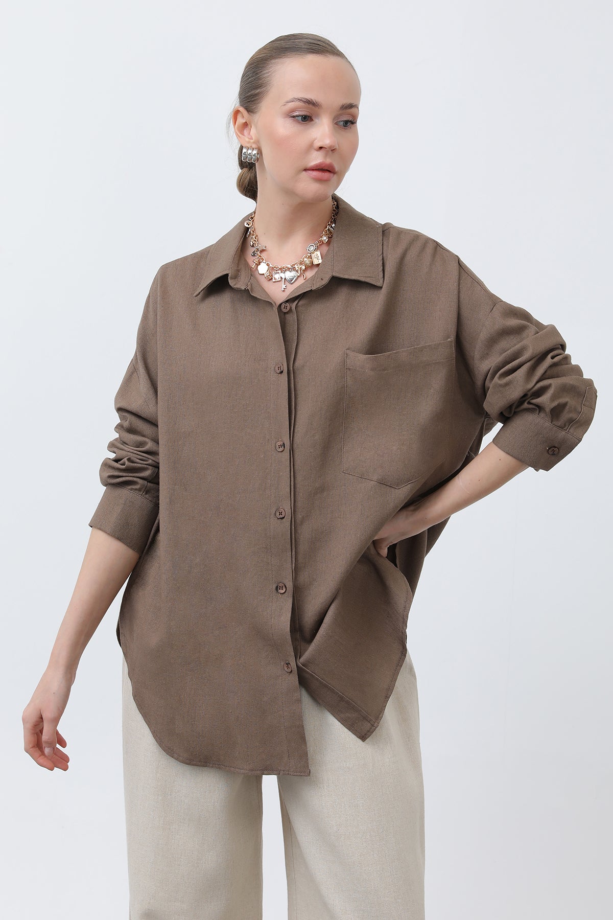 Kadın Basic Keten Gömlek - 32307GML BROWN