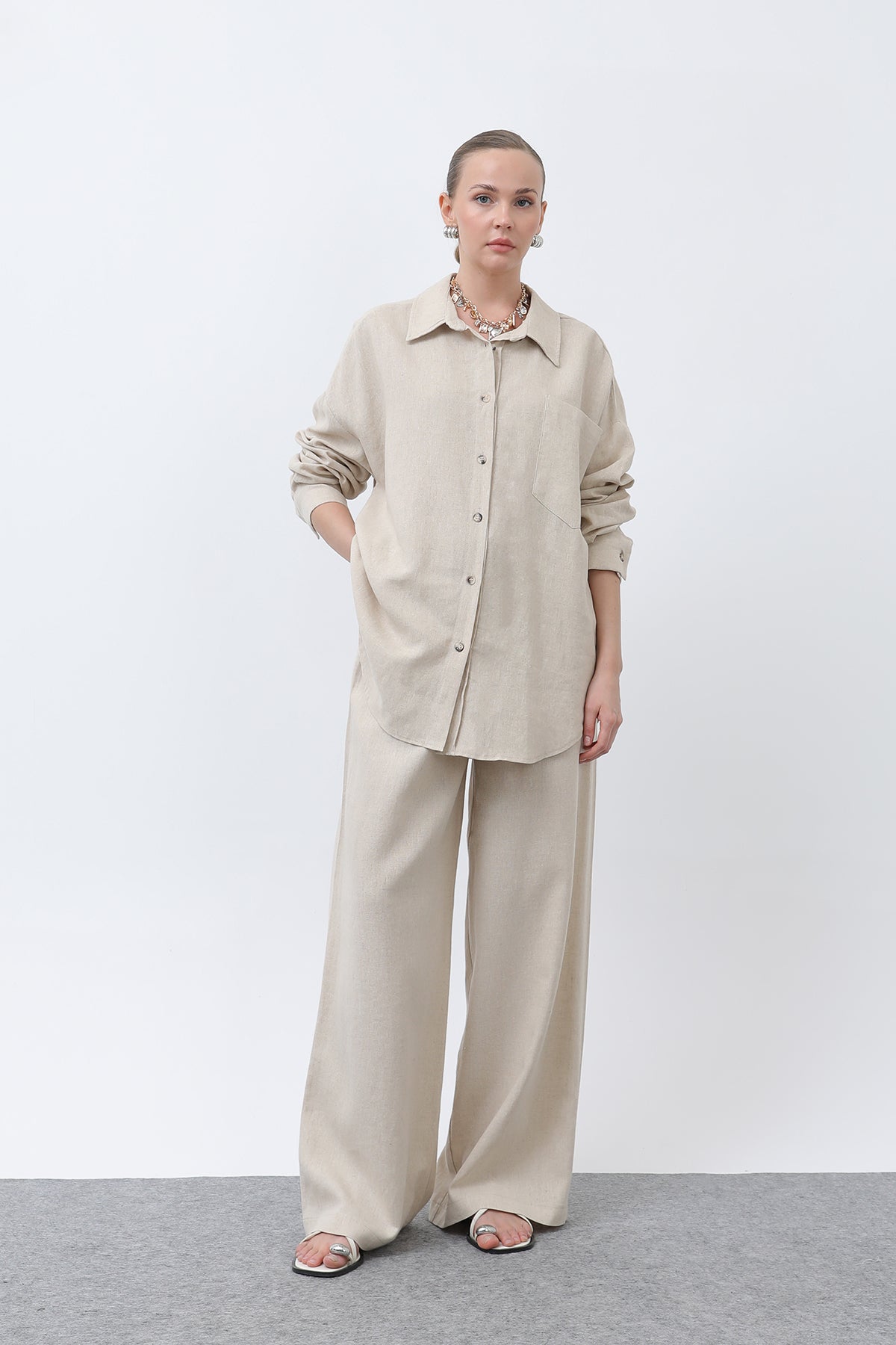 Kadın Basic Keten Gömlek - 32307GML BEIGE