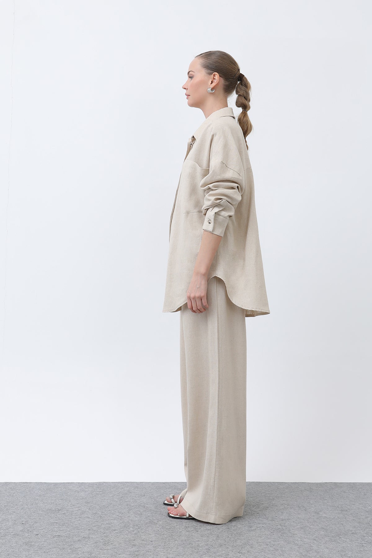 Kadın Basic Keten Gömlek - 32307GML BEIGE