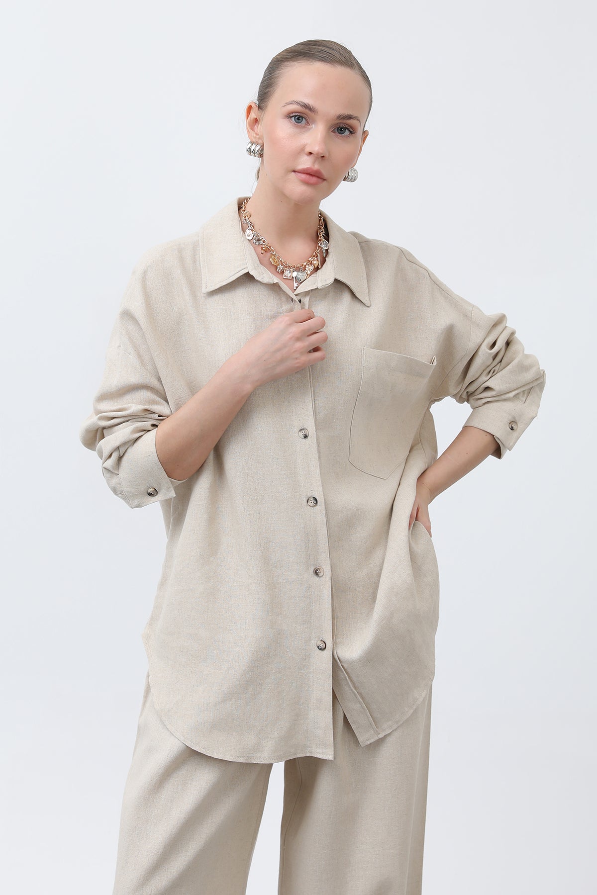 Kadın Basic Keten Gömlek - 32307GML BEIGE