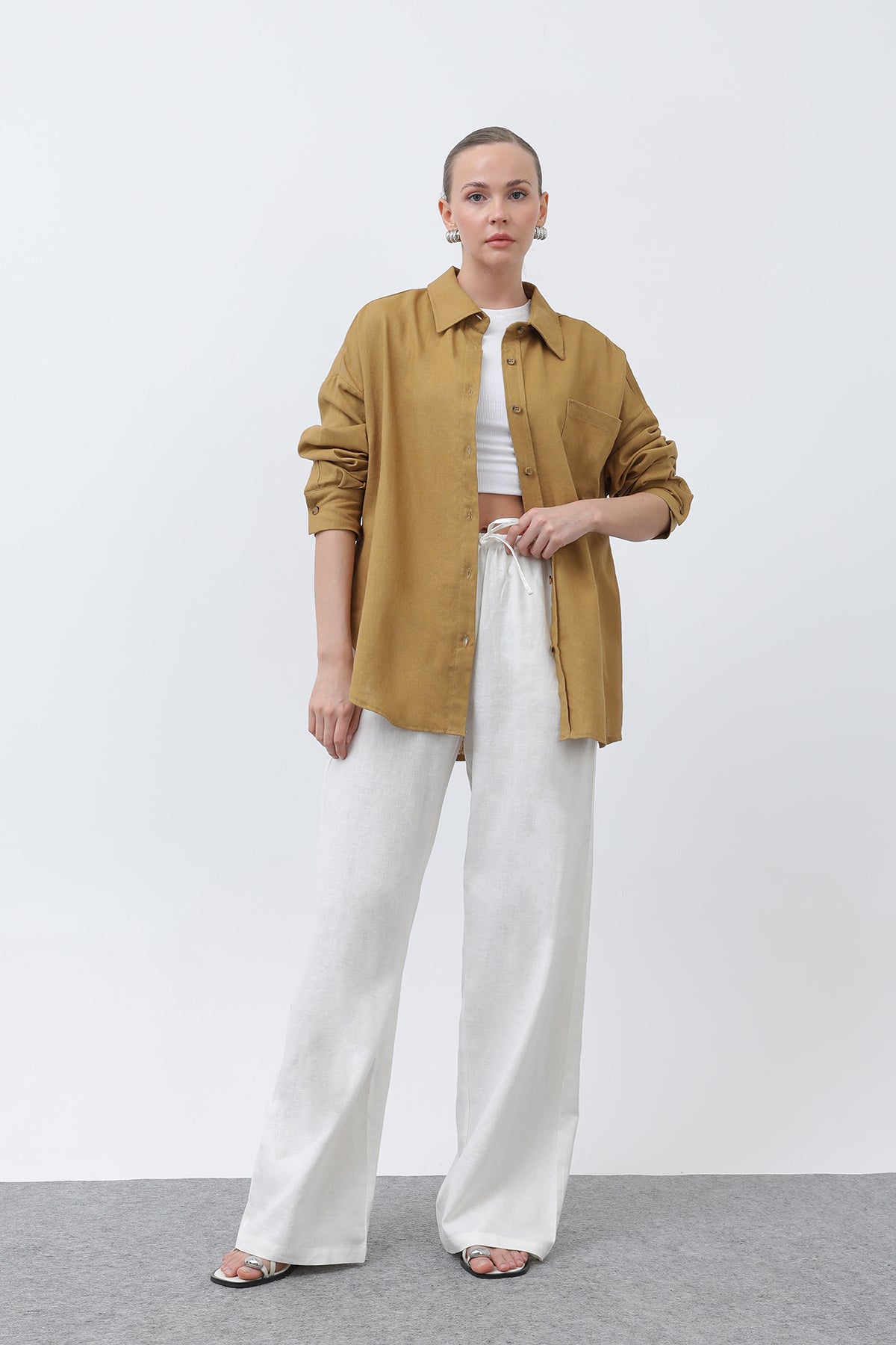 Kadın Basic Keten Gömlek - 32307GML OLIVE